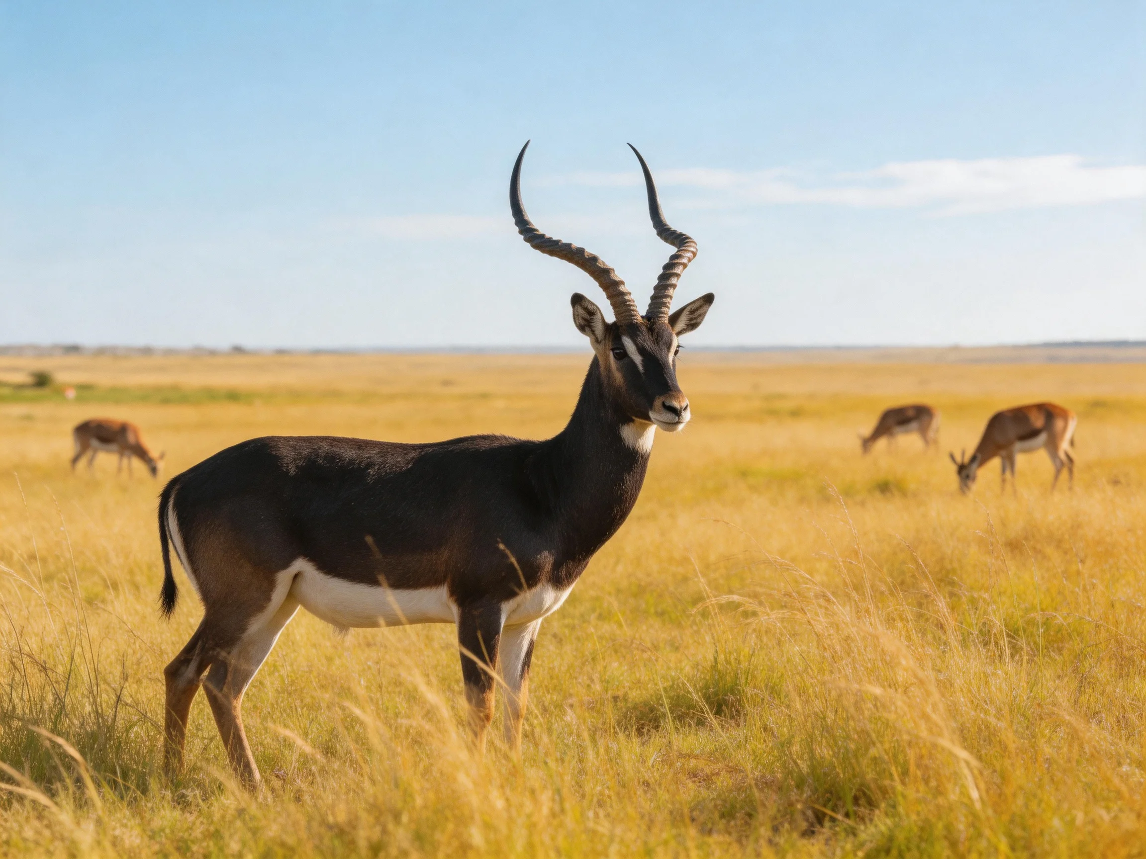 A black-and-white antelope stands amid golden savannah grasses with distant grazers.