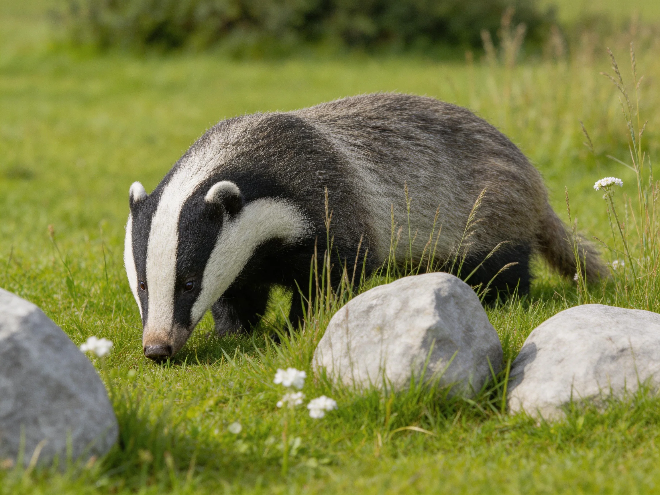 A black-and-white badger forages among rocks and wildflowers in a sunlit grassy area.
