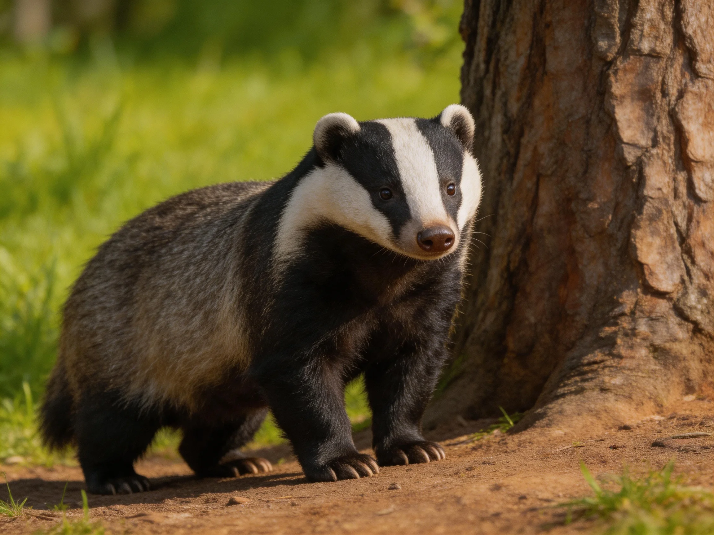 A badger with bold black and white markings stands near a tree in a sunlit area.