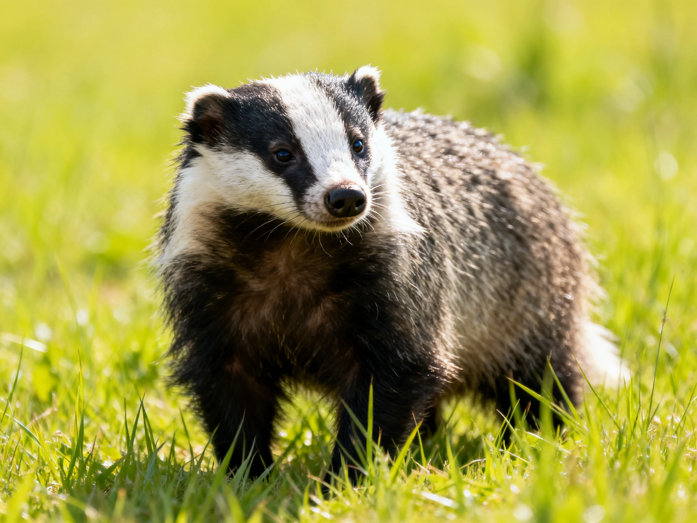 A black-and-white badger stands in lush green grass