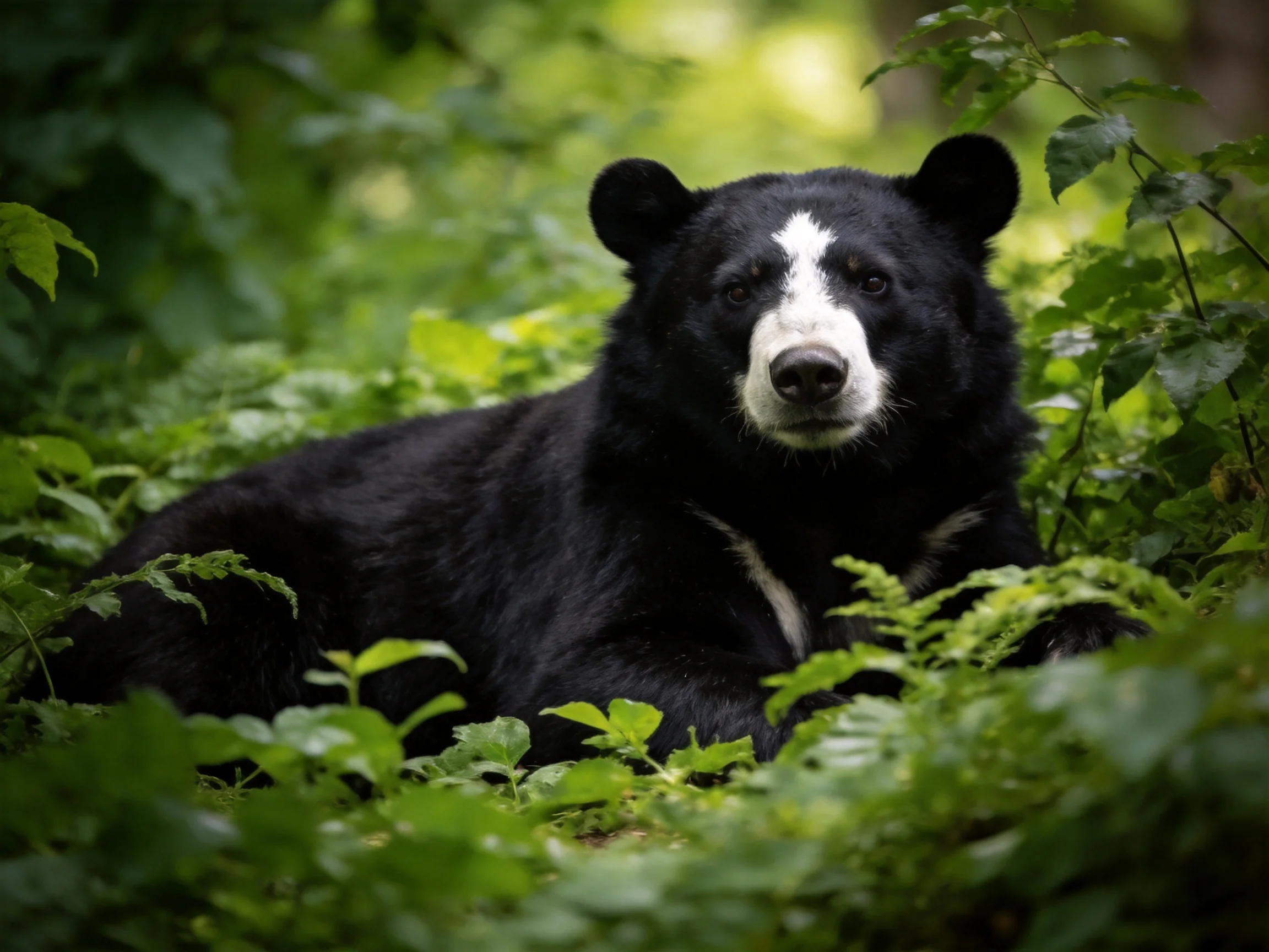 A black and white bear lies in dense green forest vegetation