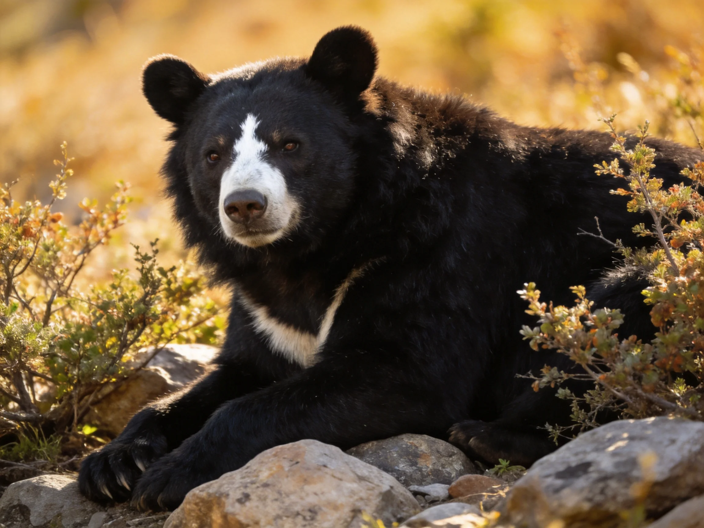 A black-and-white bear rests among rocks and golden foliage