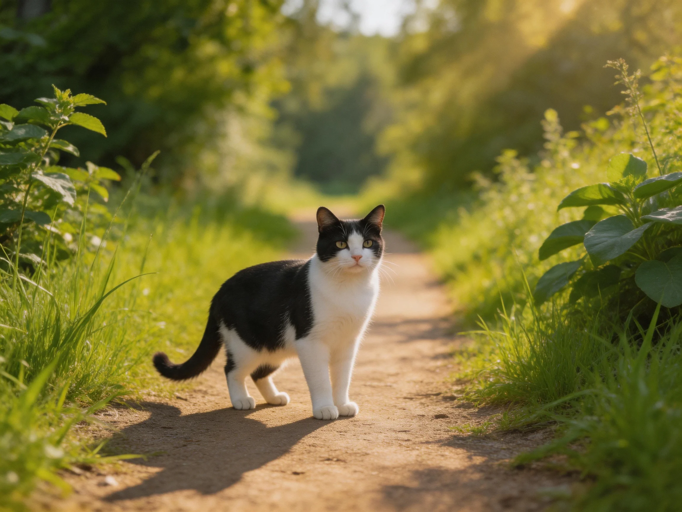 A black - and -white cat stands on a sunlit dirt path in a verdant natural setting.