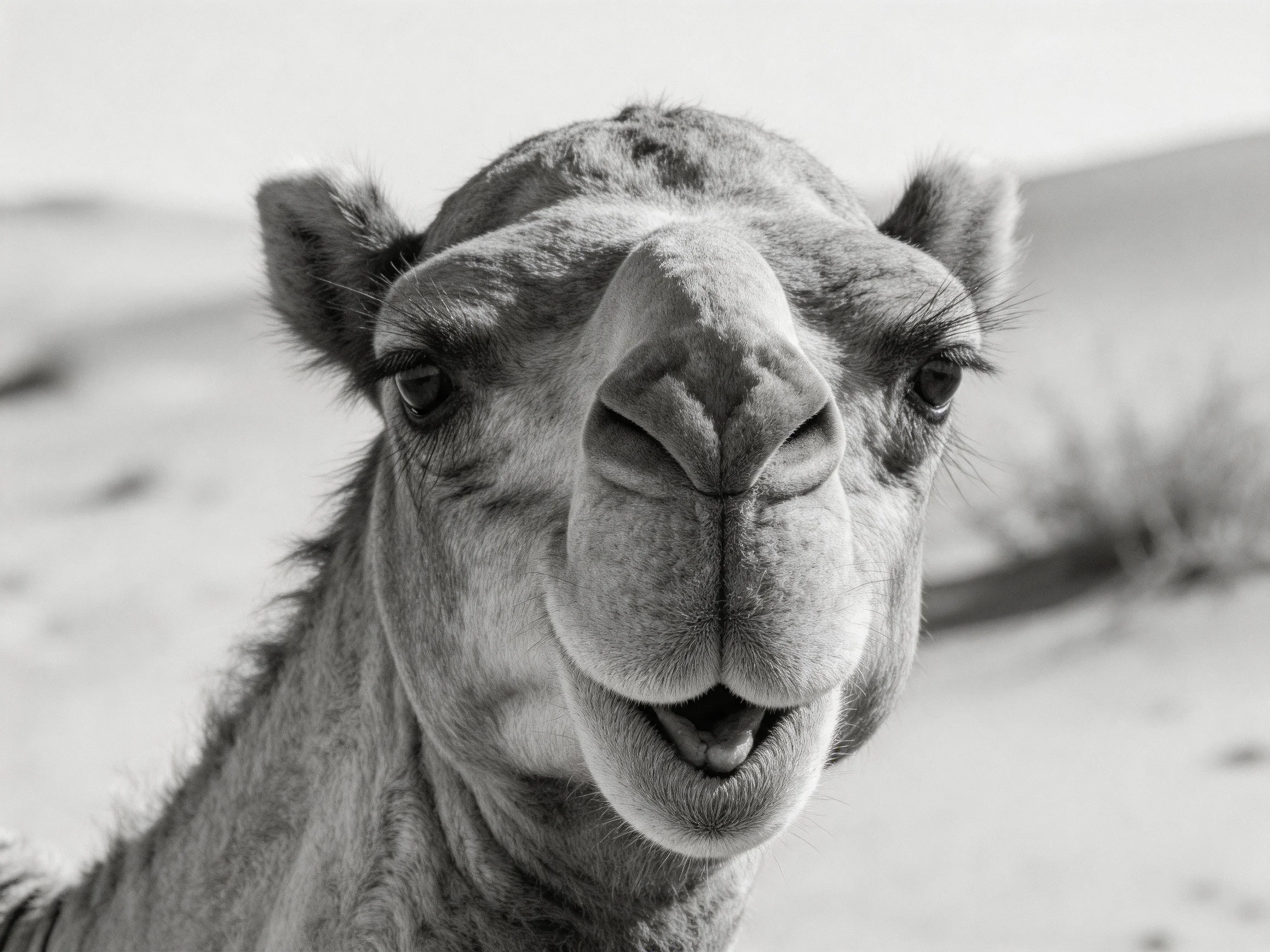 A black-and-white close-up of a camel’s face in a desert landscape.