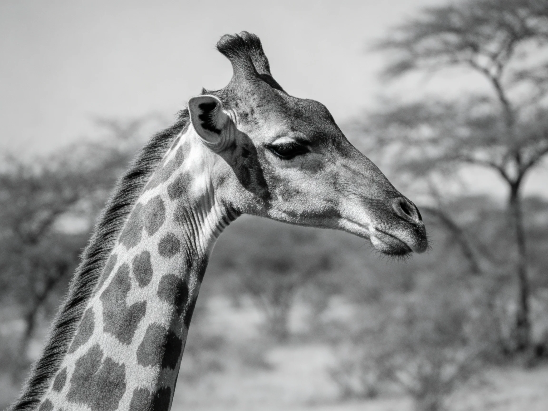 A black-and-white close - up shows a giraffe’s head with a patterned neck against blurred savanna trees.