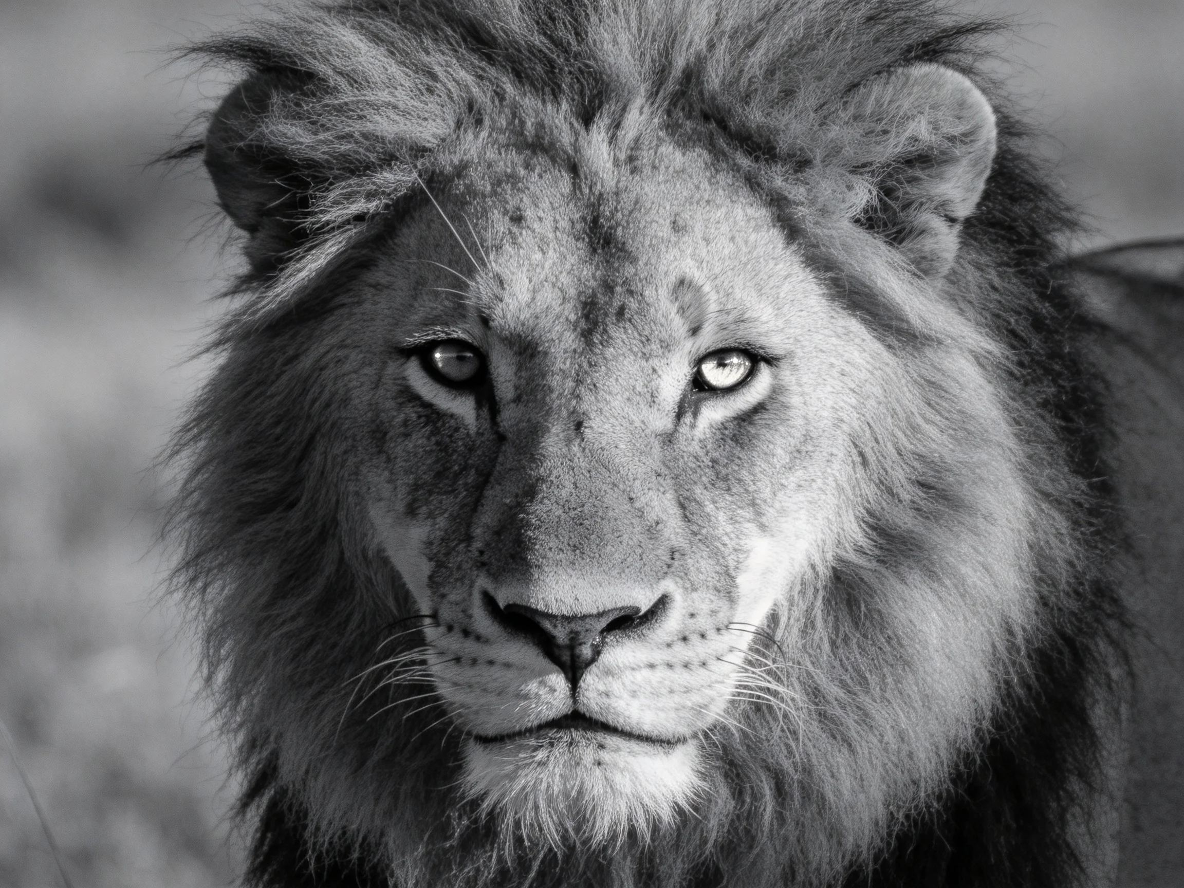 A close-up view of a lion’s face emphasizes its intense eyes and thick mane.