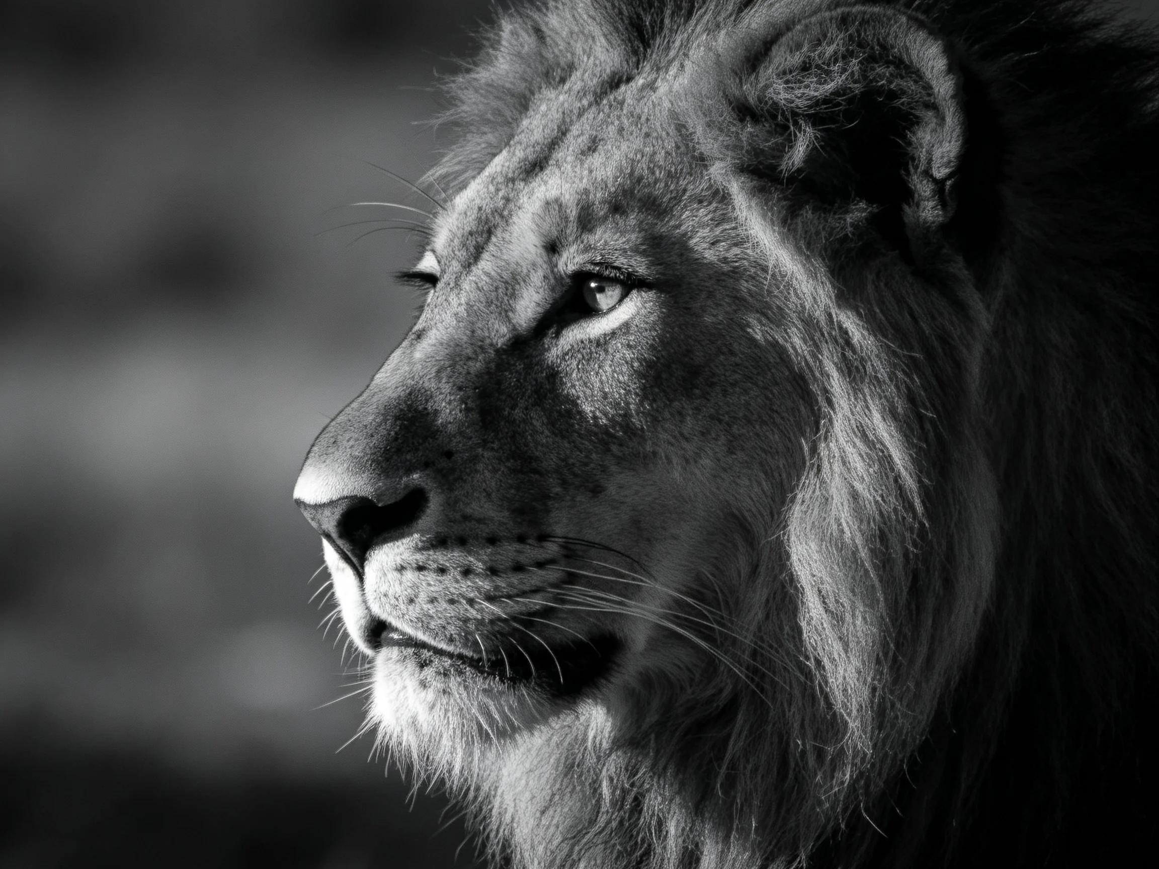 A black-and-white close-up of a lion’s face with prominent mane