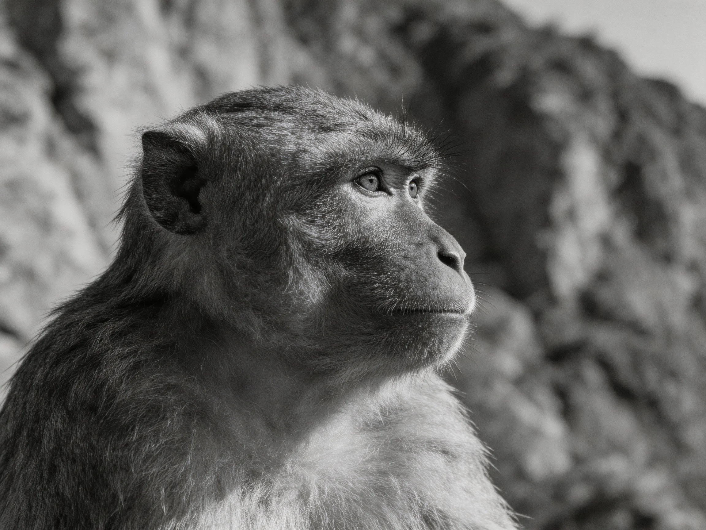 A black-and-white close-up of a monkey near rocky formations