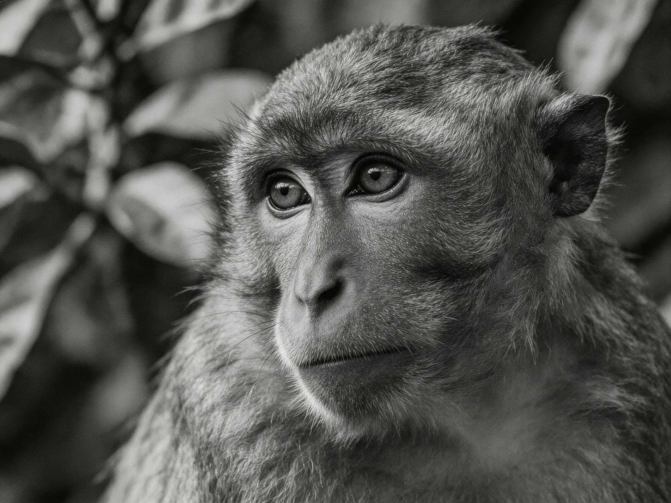 A black - and - white close - up of a monkey with textured fur near foliage