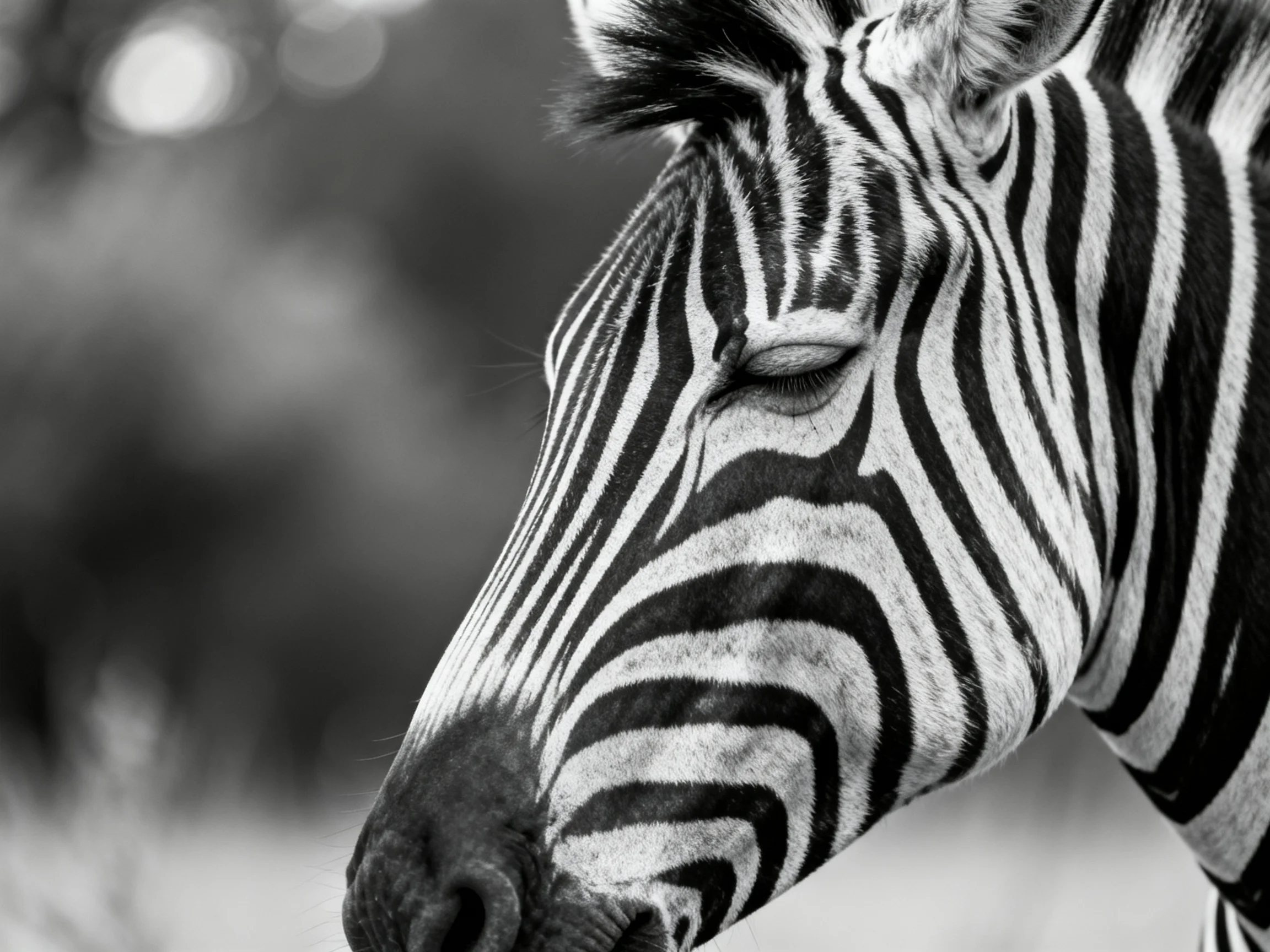 A close - up of a resting zebra with closed eyes reveals its iconic striped pattern.