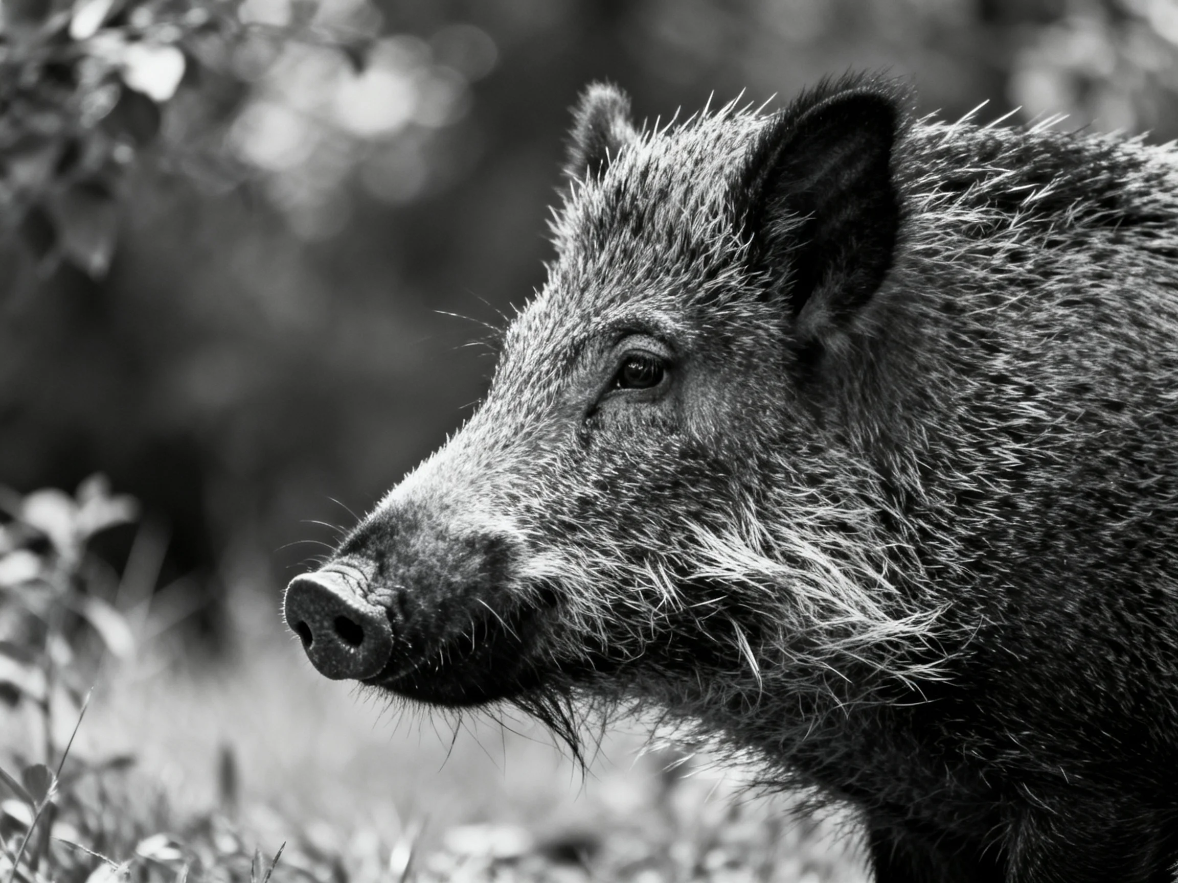 A black-and-white photo highlights a wild boars distinct facial features