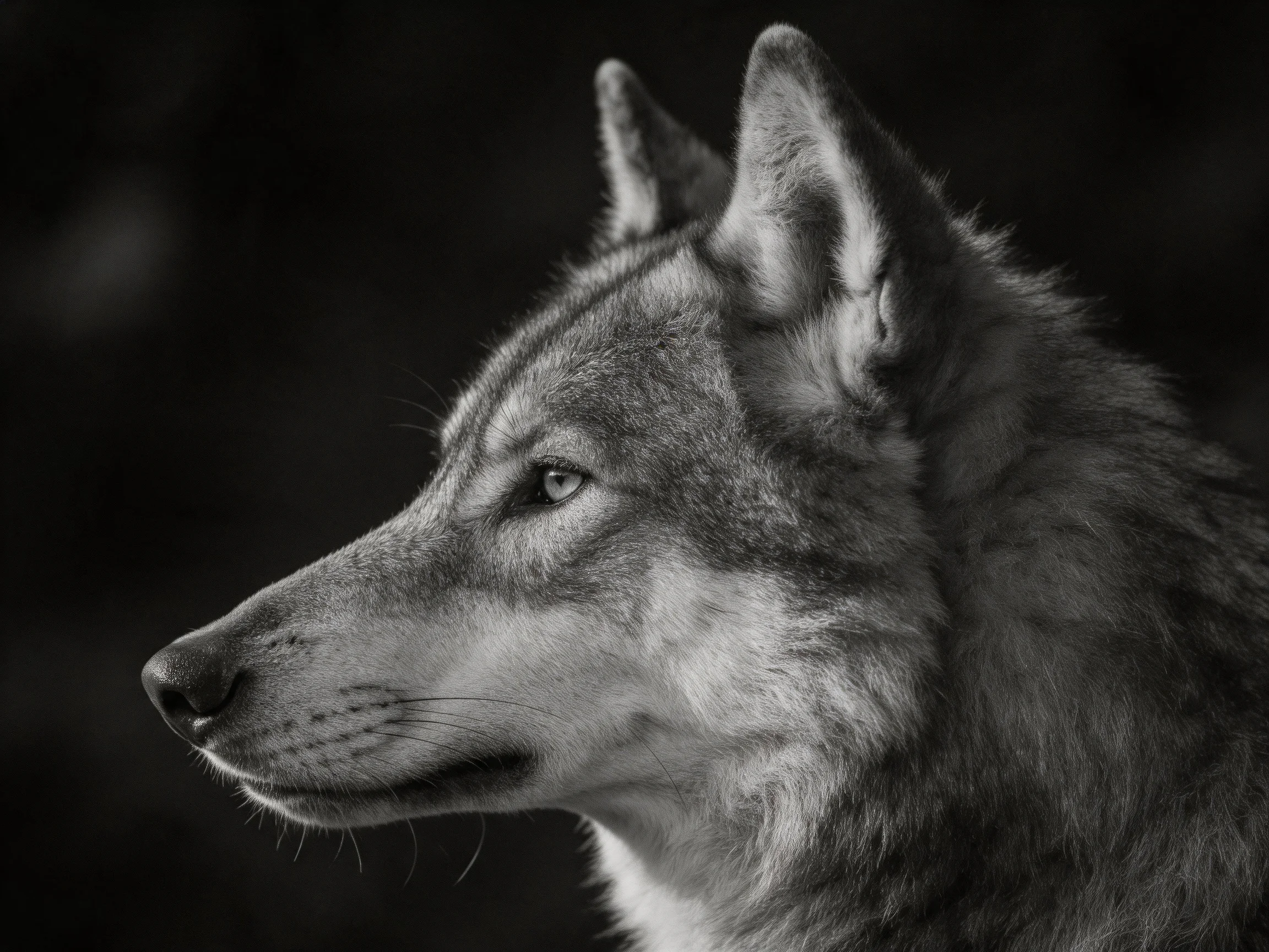 A black - and - white photograph of a wolf’s profile highlighting facial structure.