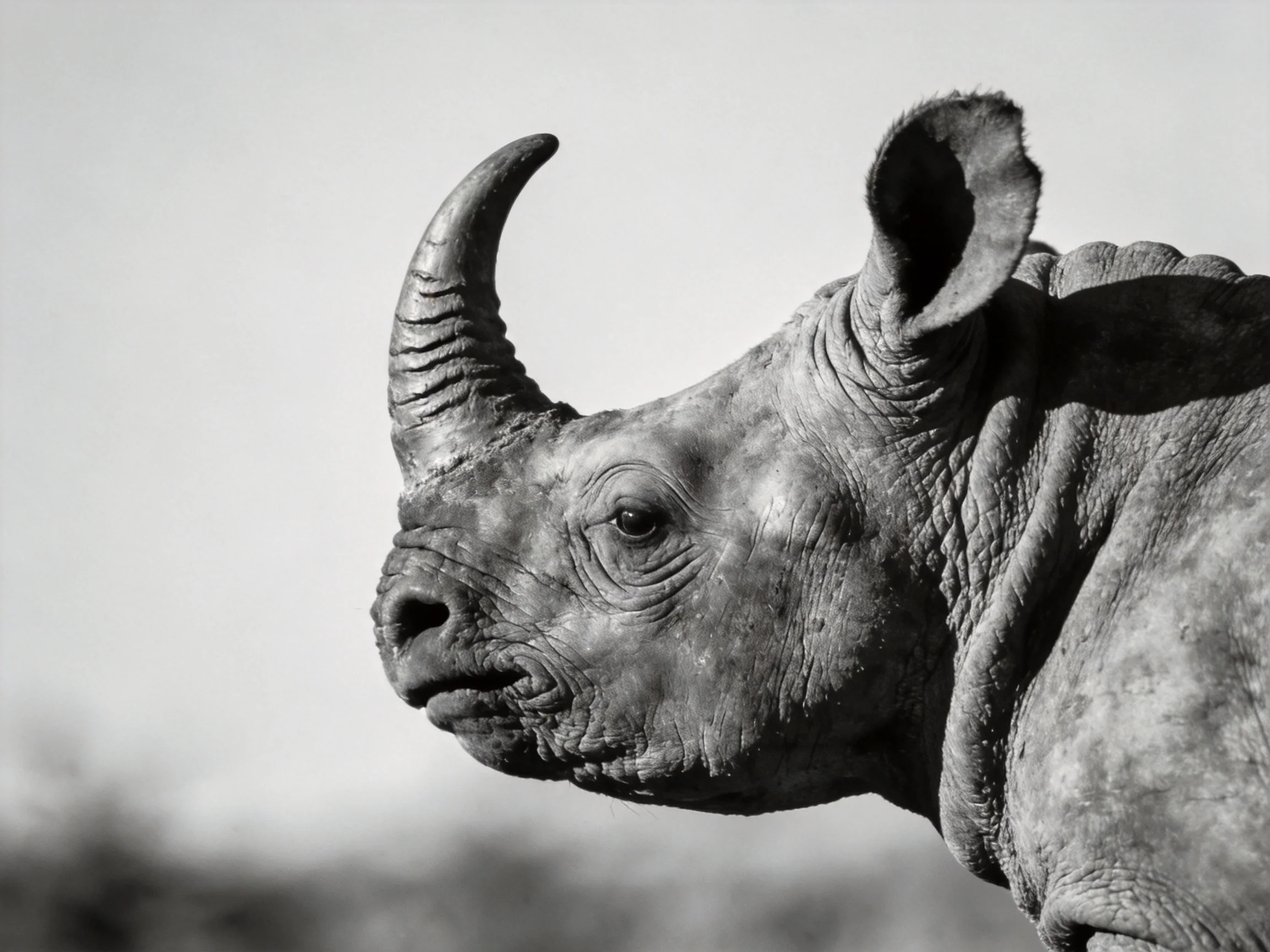 A black-and-white close-up focuses on a young rhinoceros with a curved horn