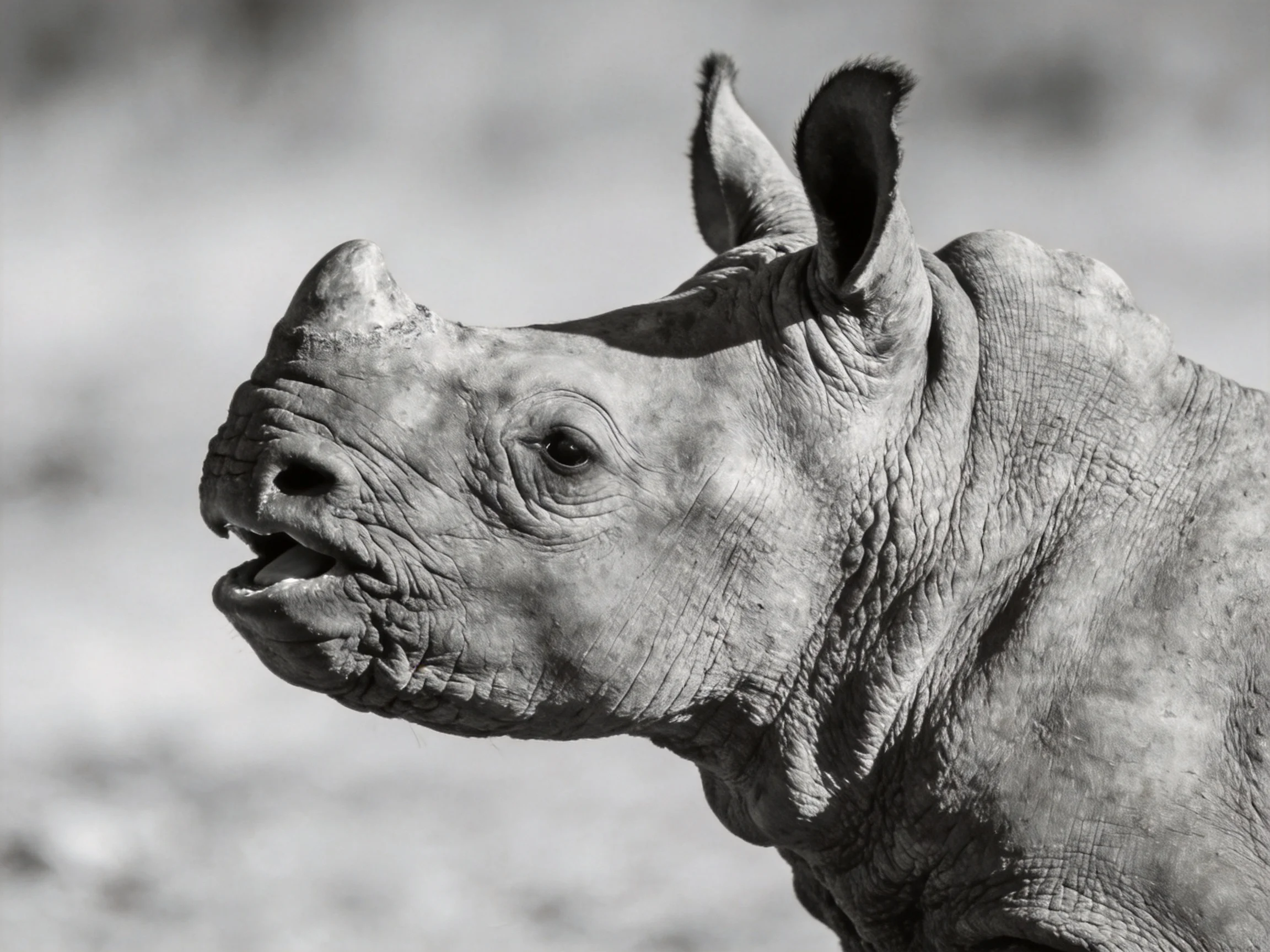 A black and white image shows a young rhinoceros with textured skin.
