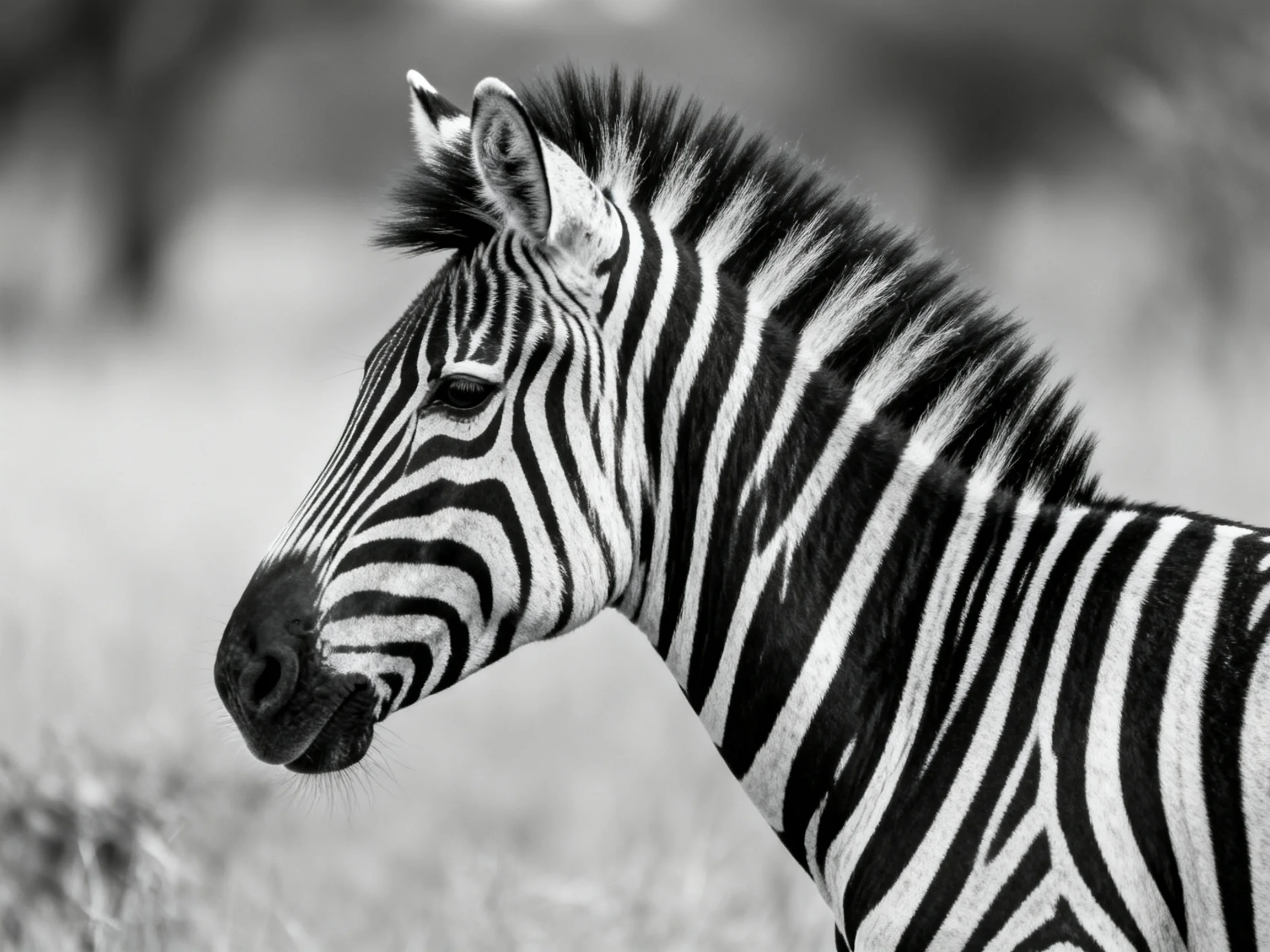 A black and white close - up of a young zebra with bold striped patterns