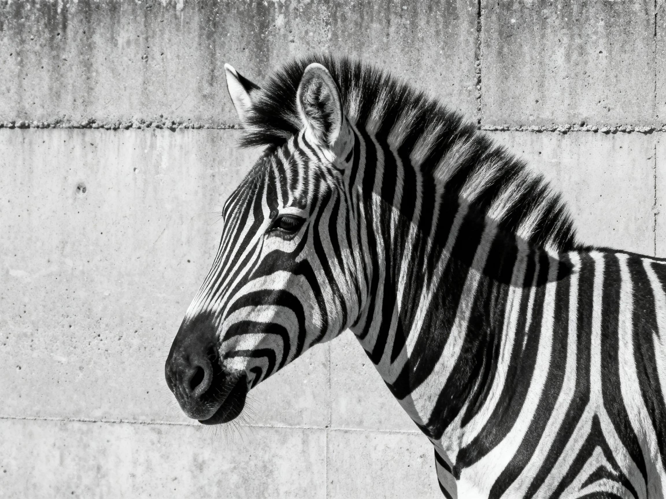 A black and white close-up of a zebra beside a textured concrete wall