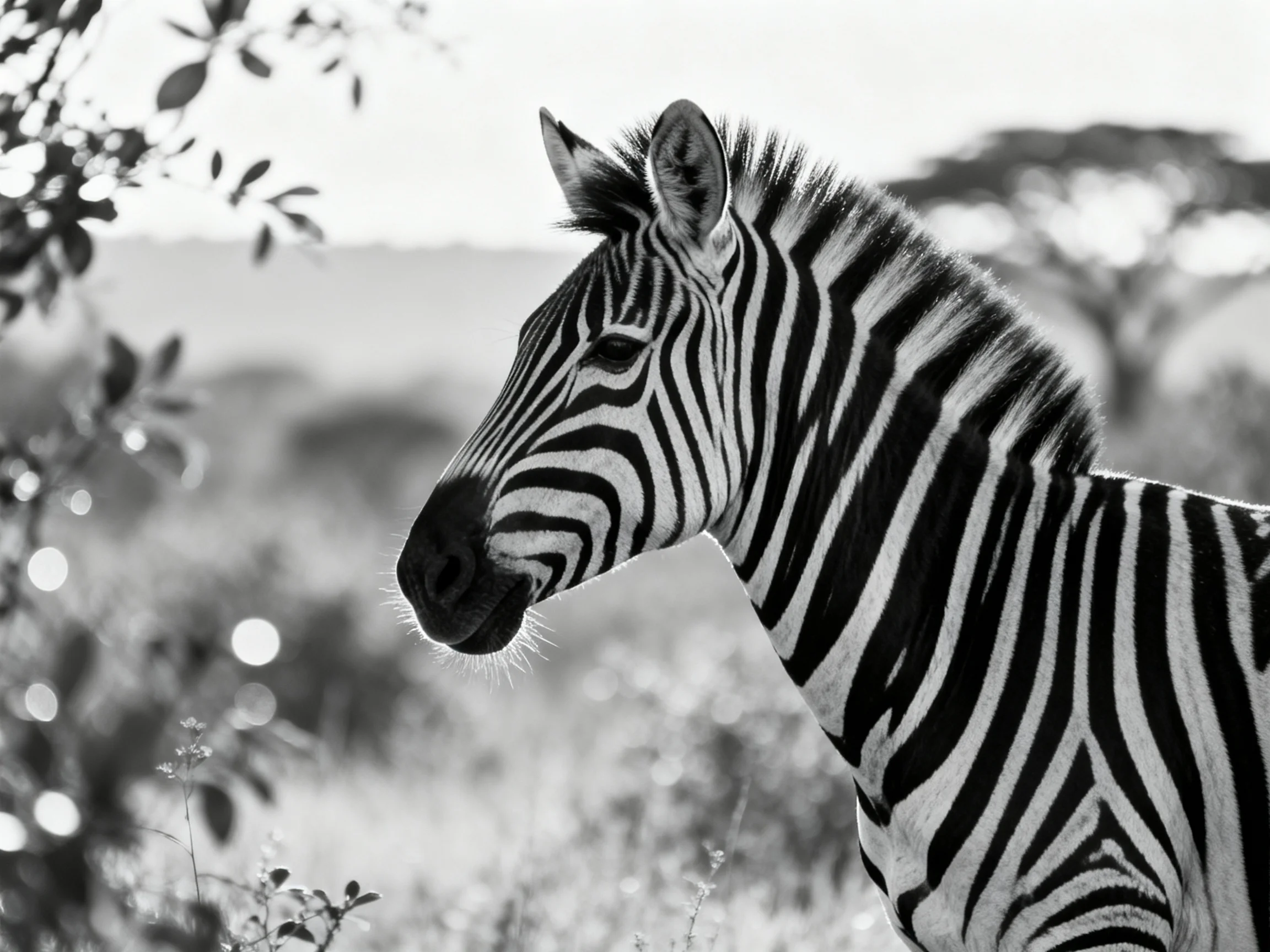 A black-and-white close-up of a zebra with bold stripes in a savannah