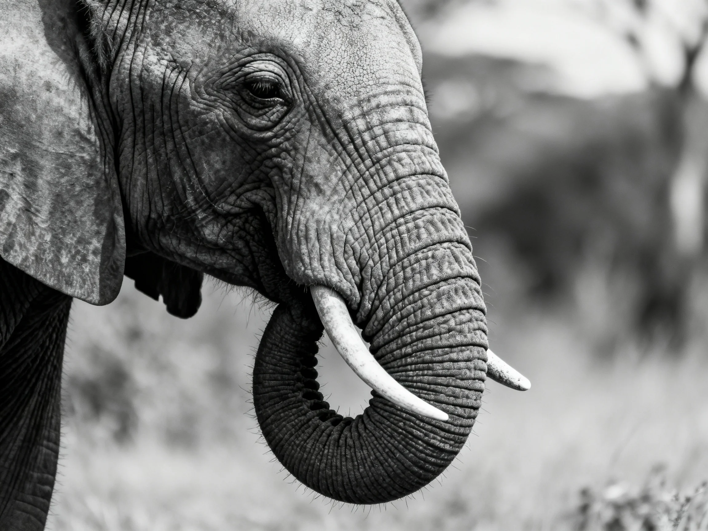 A black-and-white photograph focuses on an African elephant’s face with large tusks in sharp focus.
