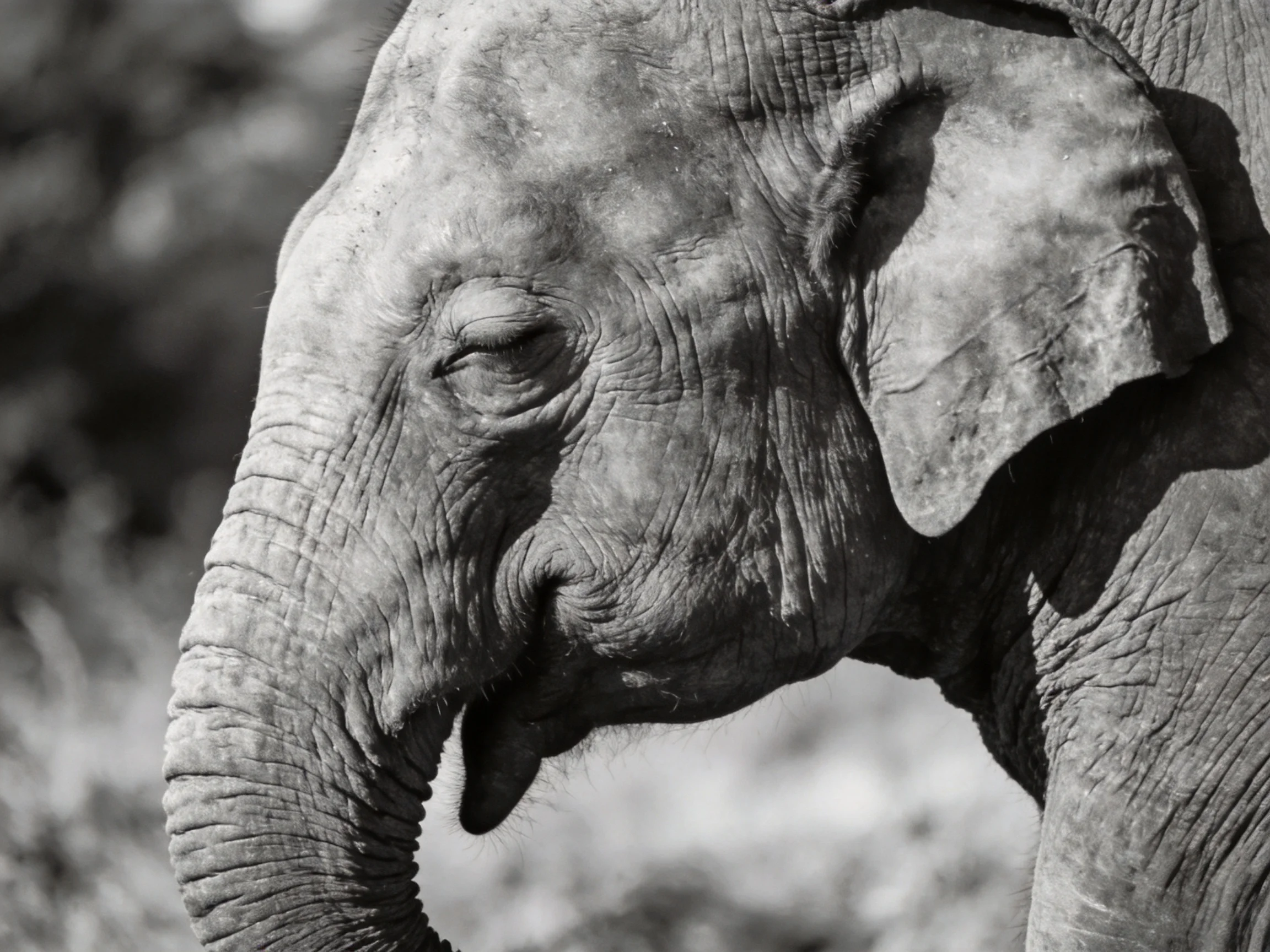 A black-and-white close-up shows an adult elephant with a calm expression.