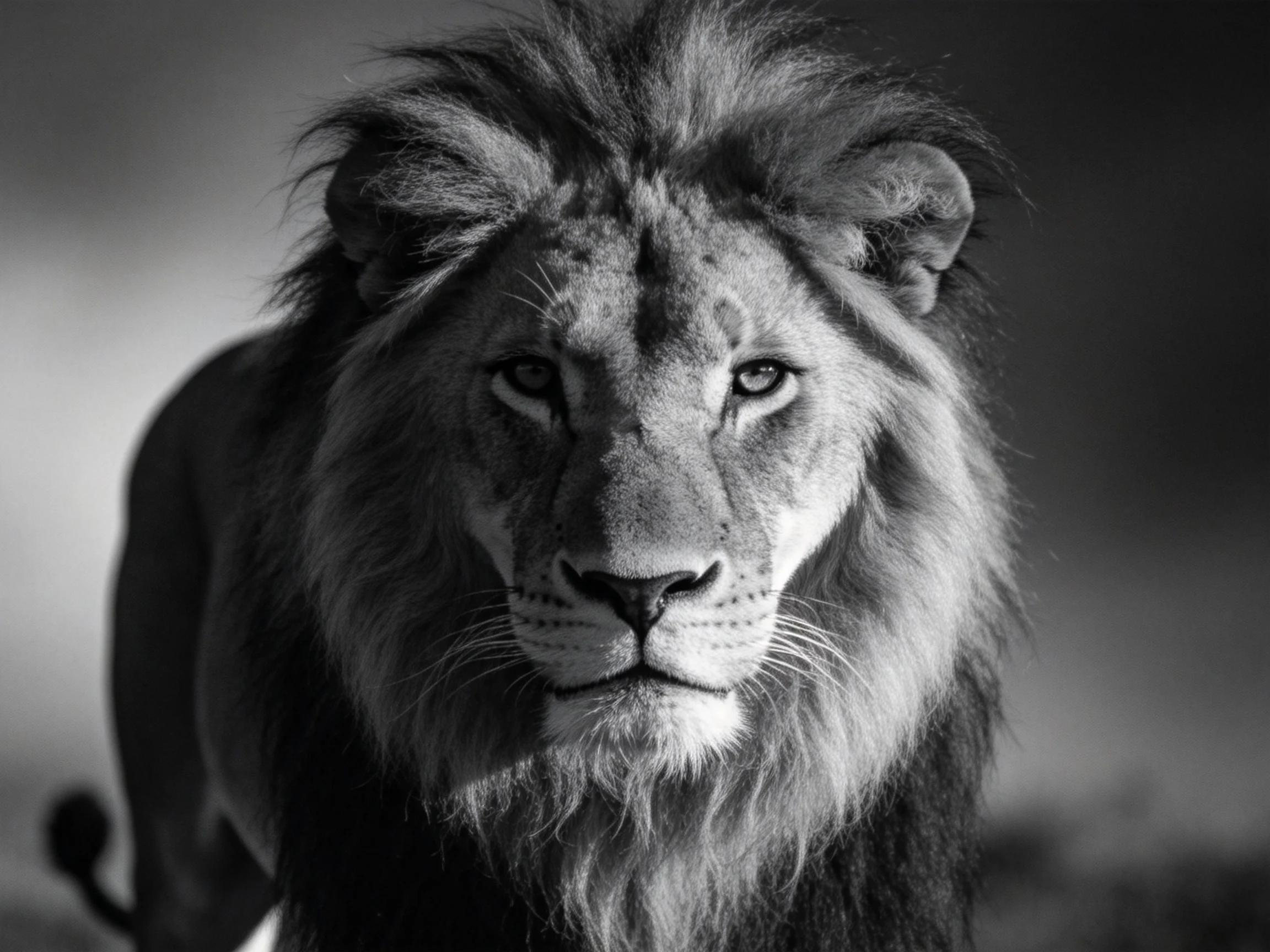 A lion with a thick mane is captured in a black - and - white close - up.