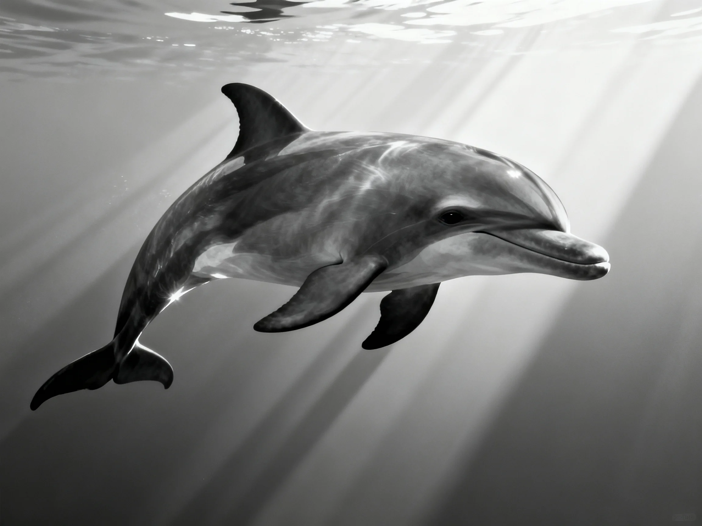 A black-and-white dolphin swims gracefully in sunbeam-lit water.