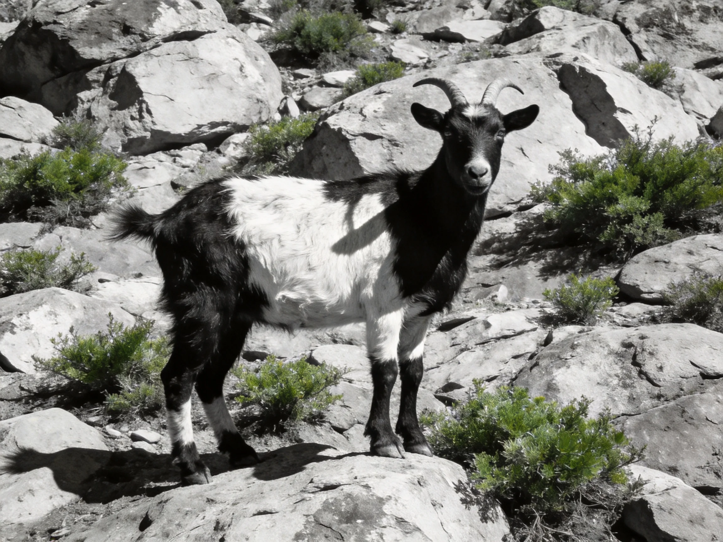 A black-and-white goat stands on rocks near green vegetation.