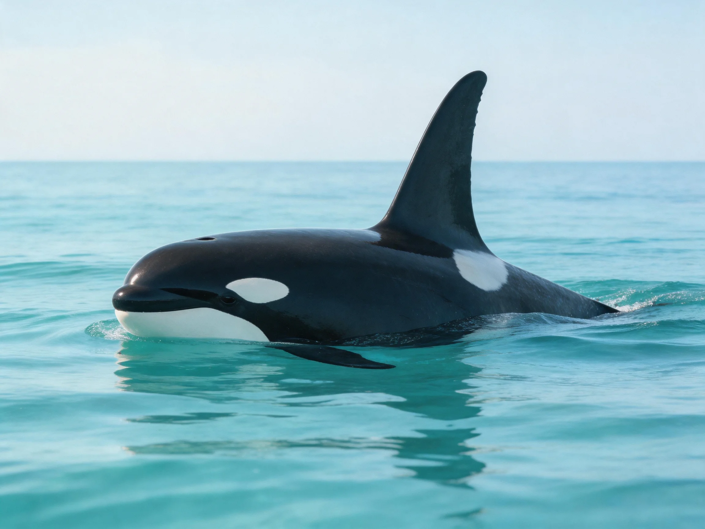 A black-and-white killer whale glides through turquoise ocean waters