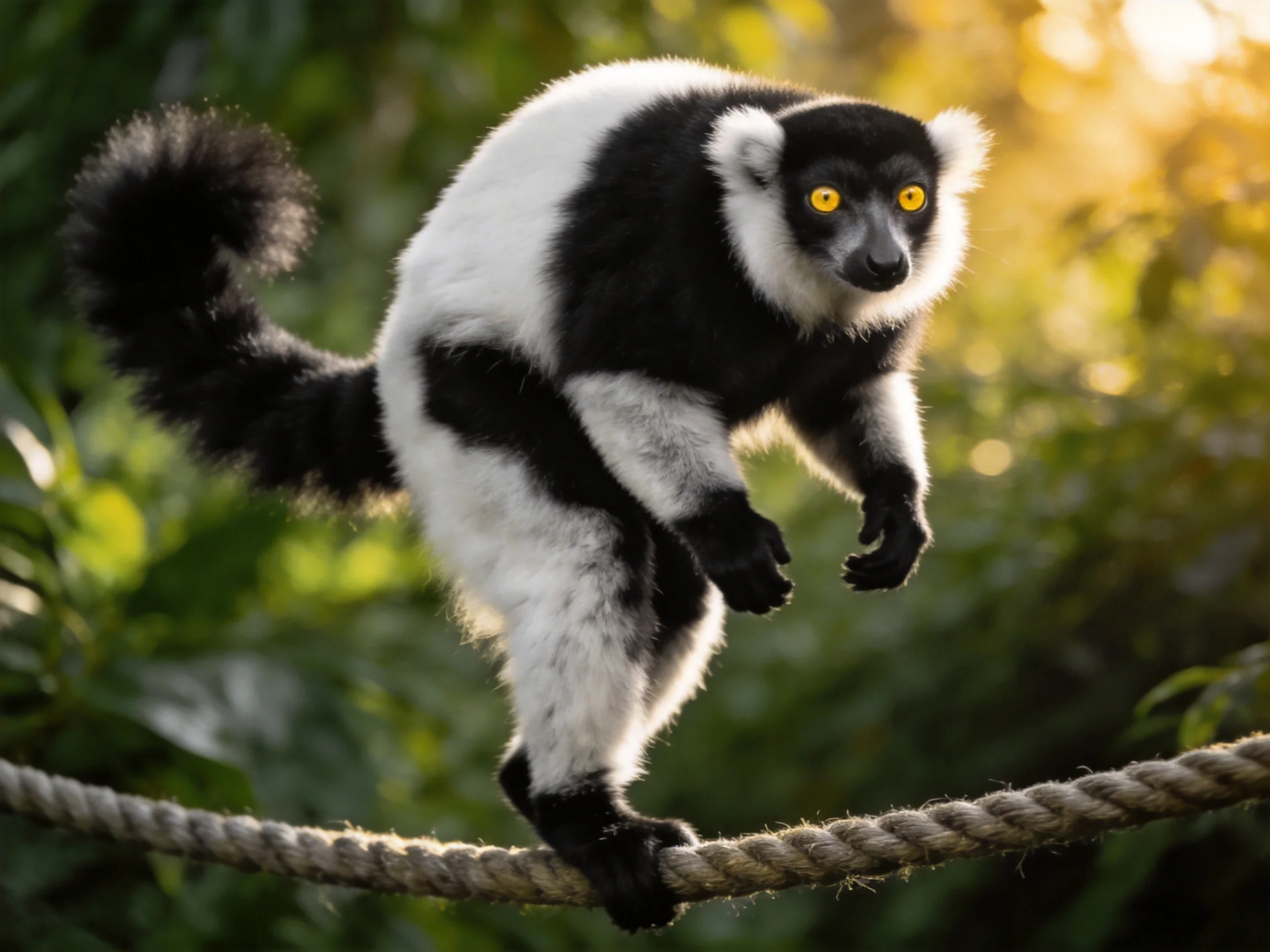 A black-and-white lemur balances on a thick rope amid sunlit greenery