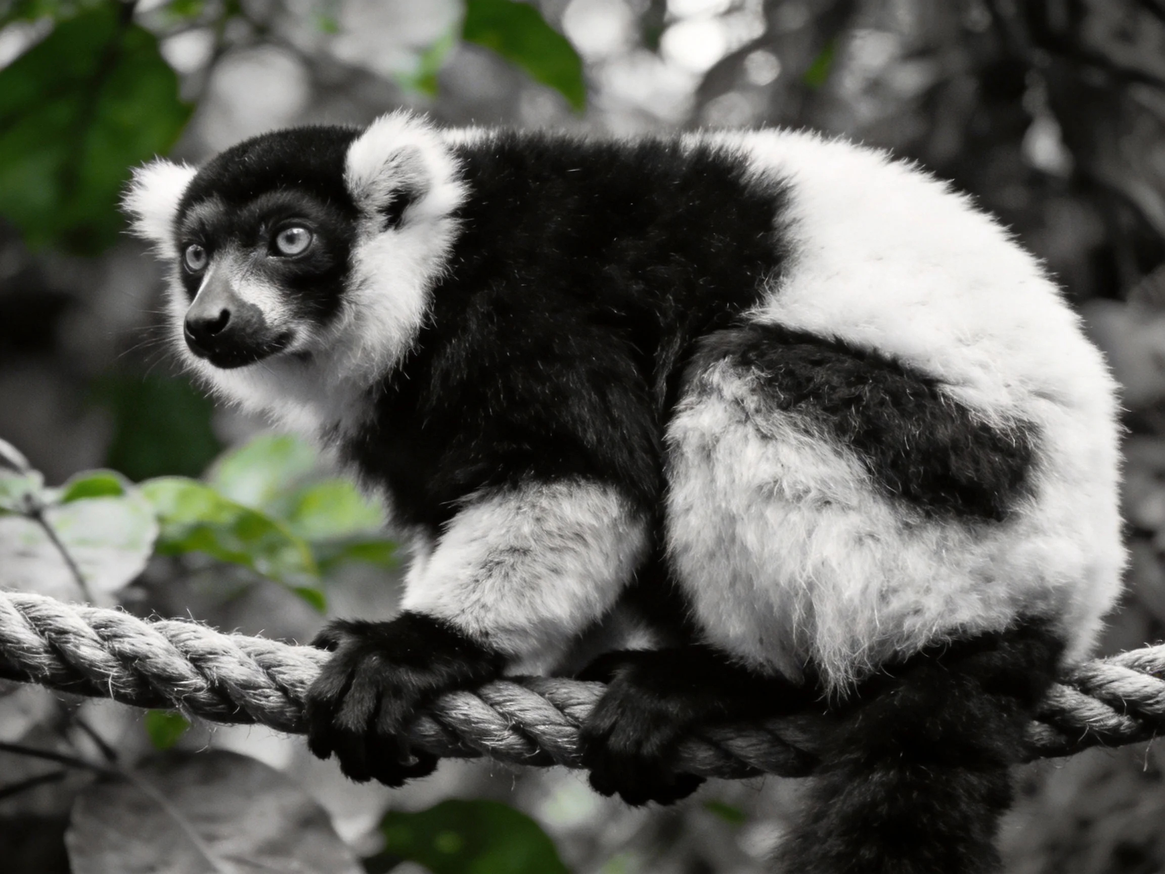 A black-and-white lemur perched on a thick rope among lush foliage