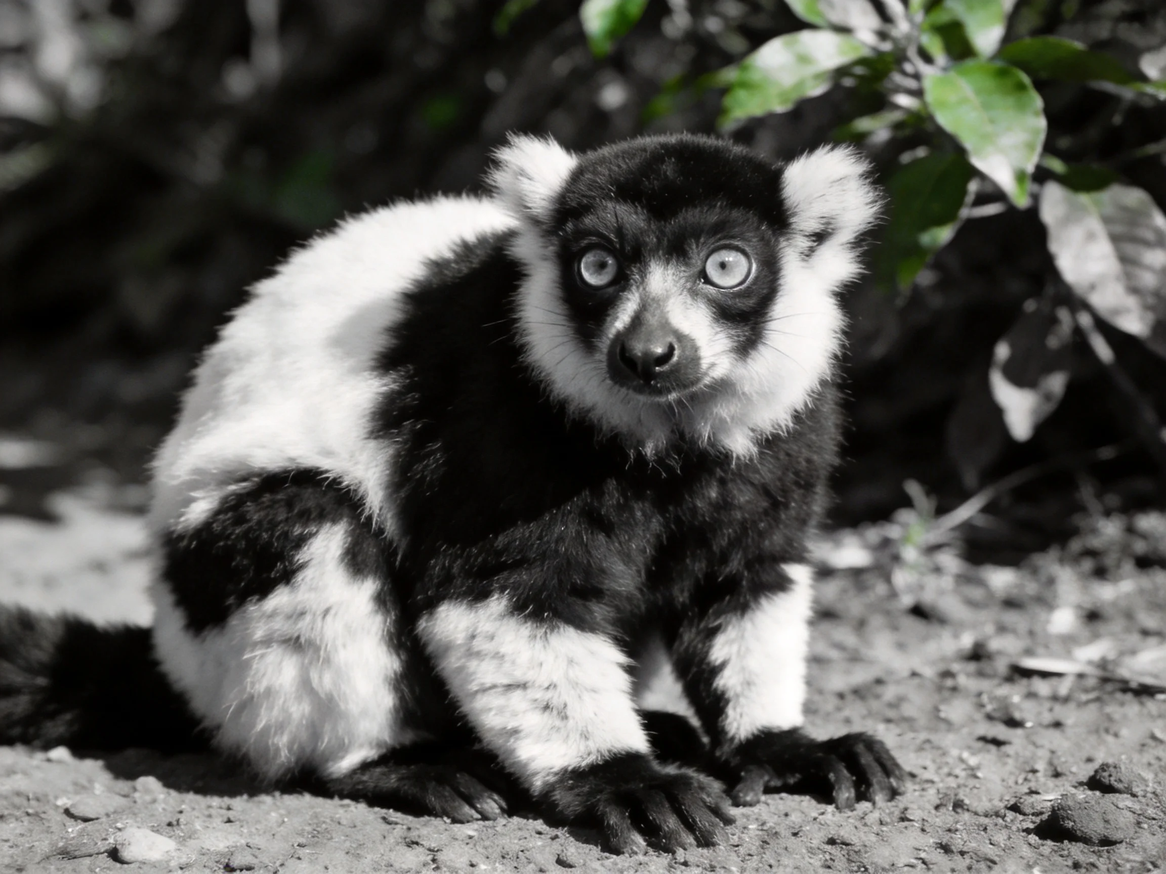 A black-and-white lemur sits on a dirt path amid foliage