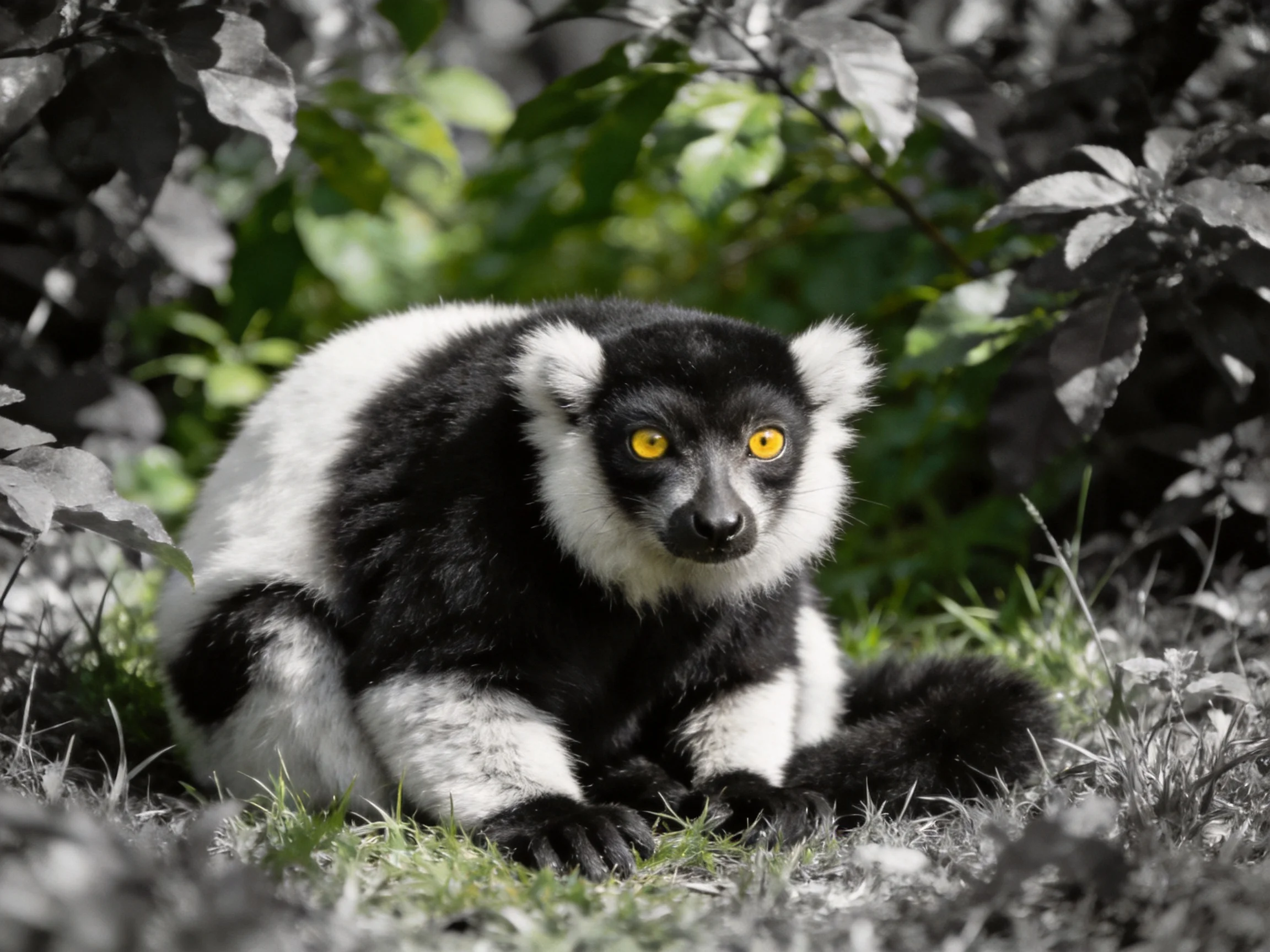 A black-and-white lemur with vivid yellow eyes rests among dark foliage.
