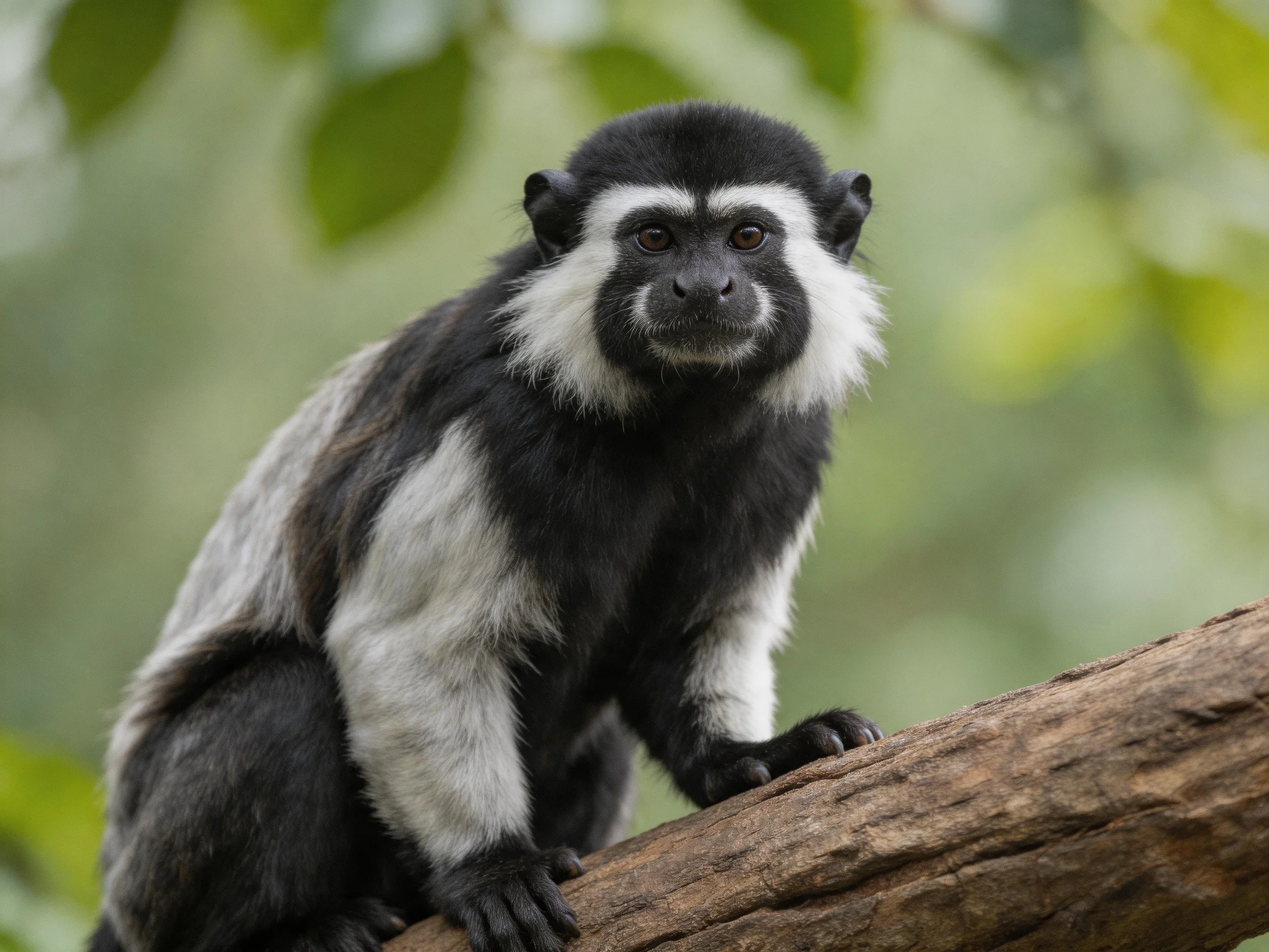 A black-and-white monkey perched on a large brown tree branch