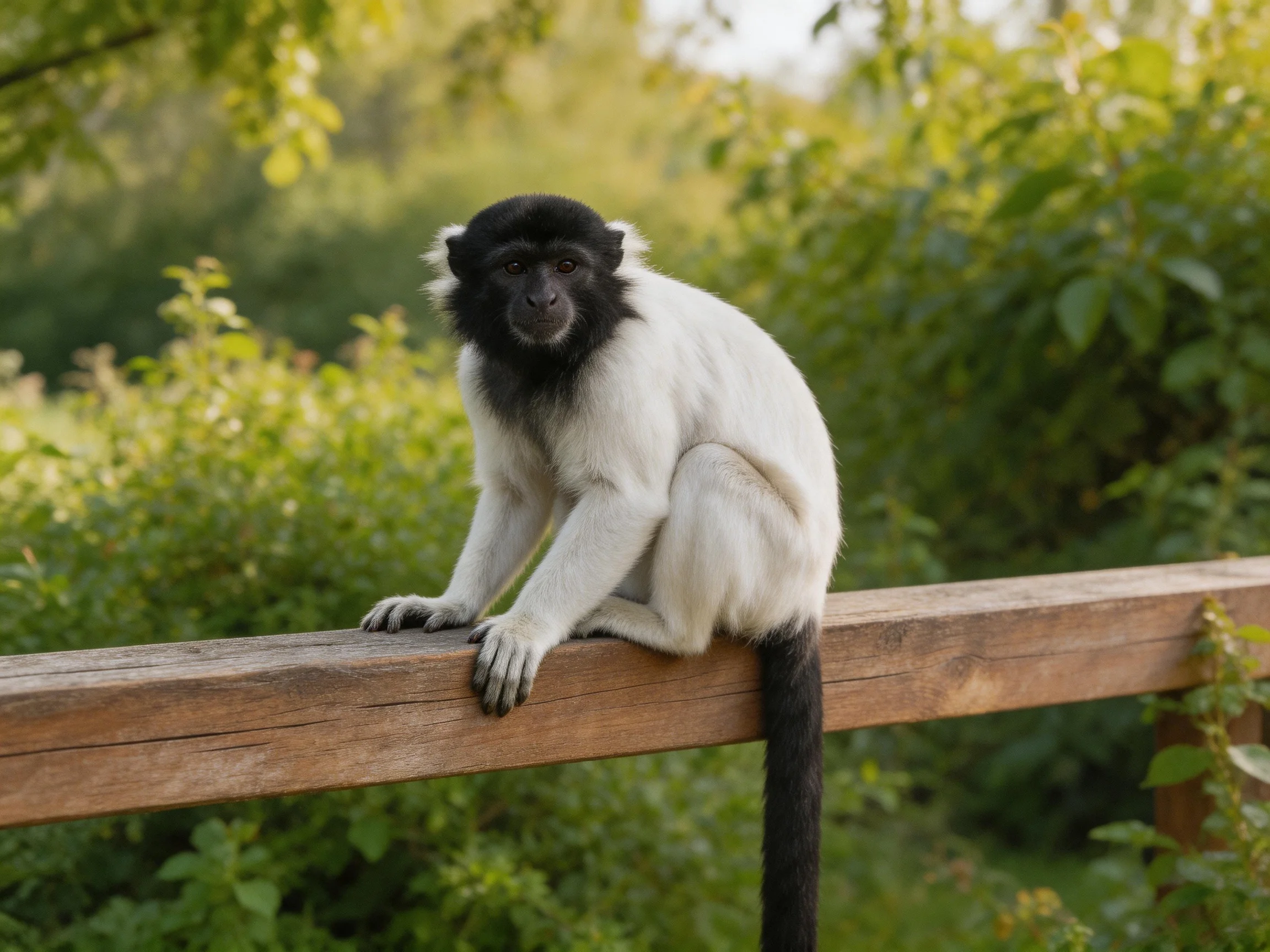 A black-and-white monkey sits atop a wooden railing amidst lush green vegetation