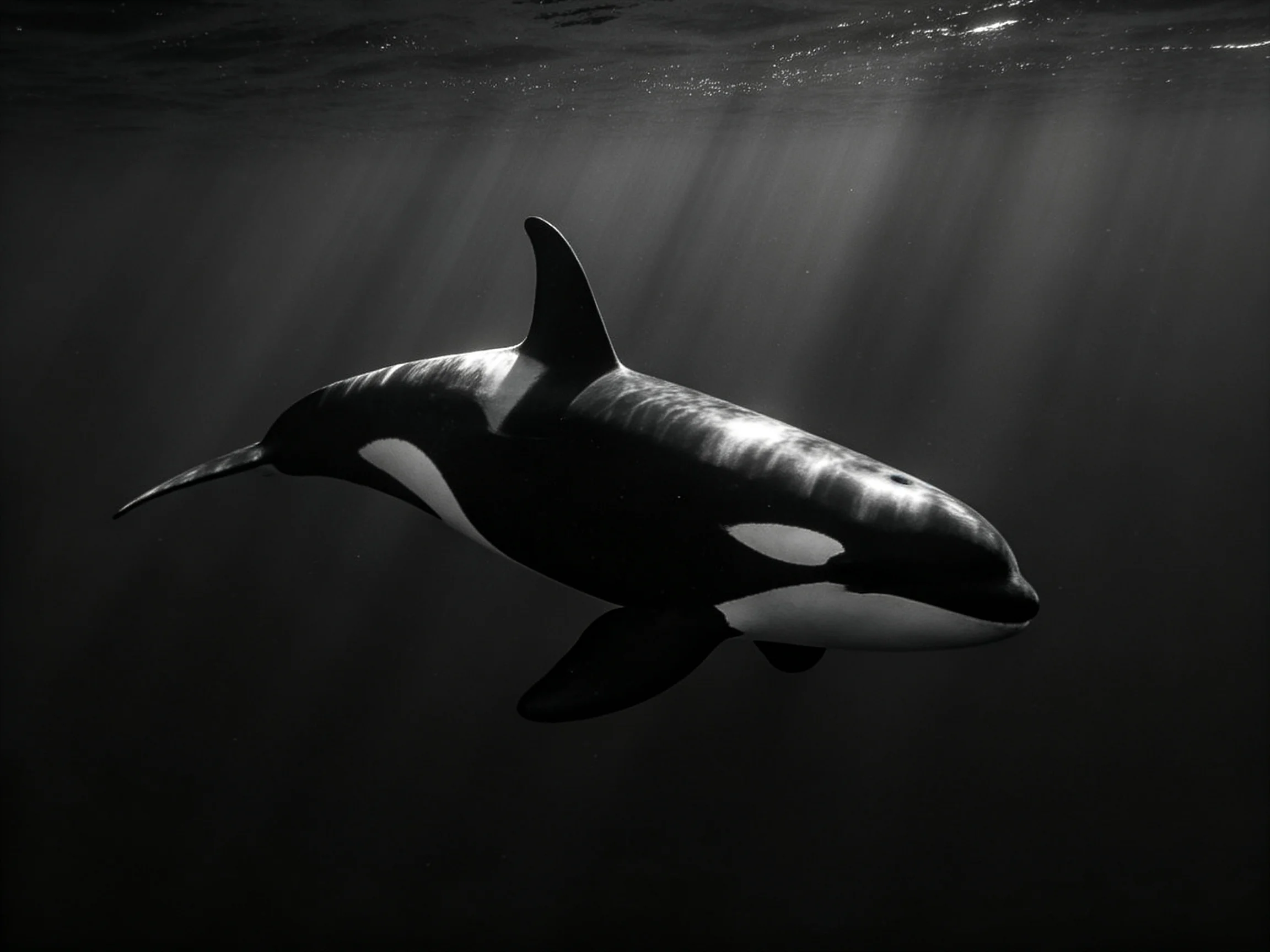 A black-and-white orca swims gracefully in dark ocean waters lit by sunlight.
