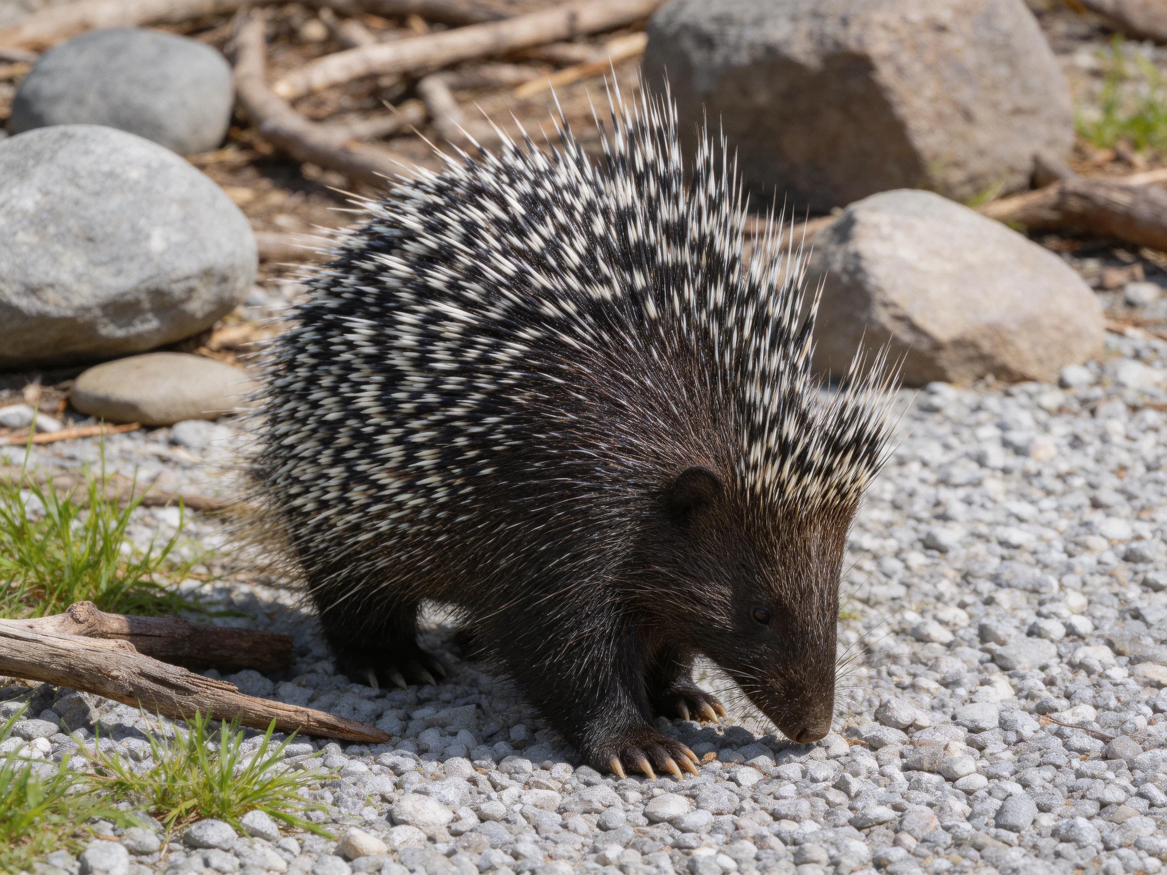 A black-and-white porcupine explores a gravel path near large stones