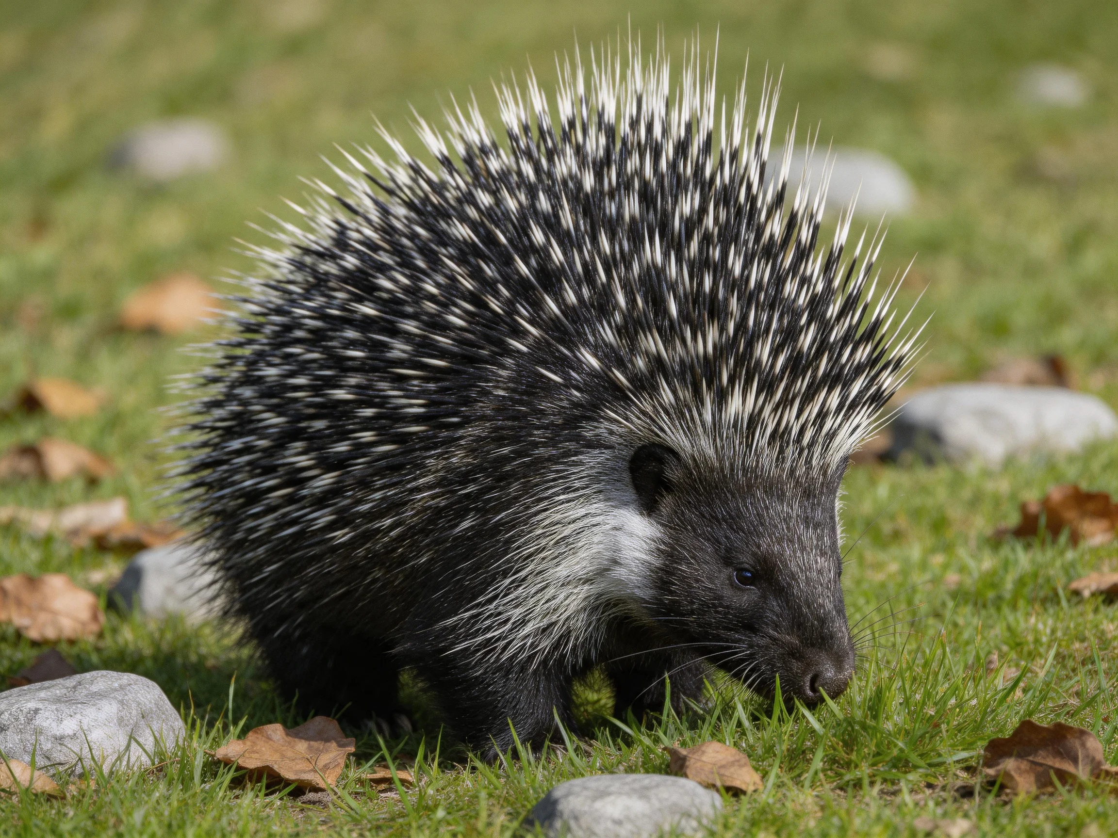 A black-and-white porcupine with spiky quills on grass