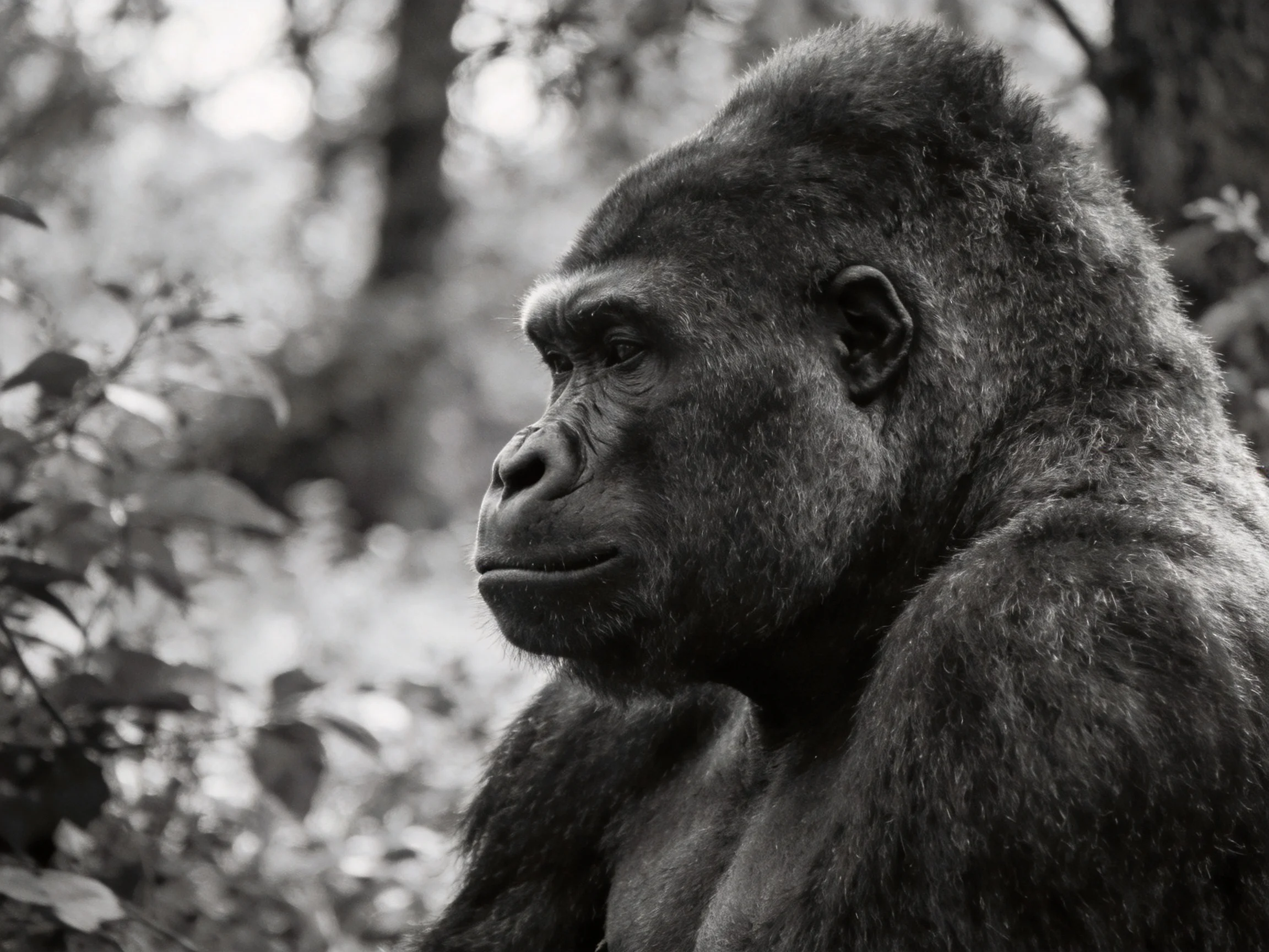 A silverback gorilla is shown in profile within a forest.