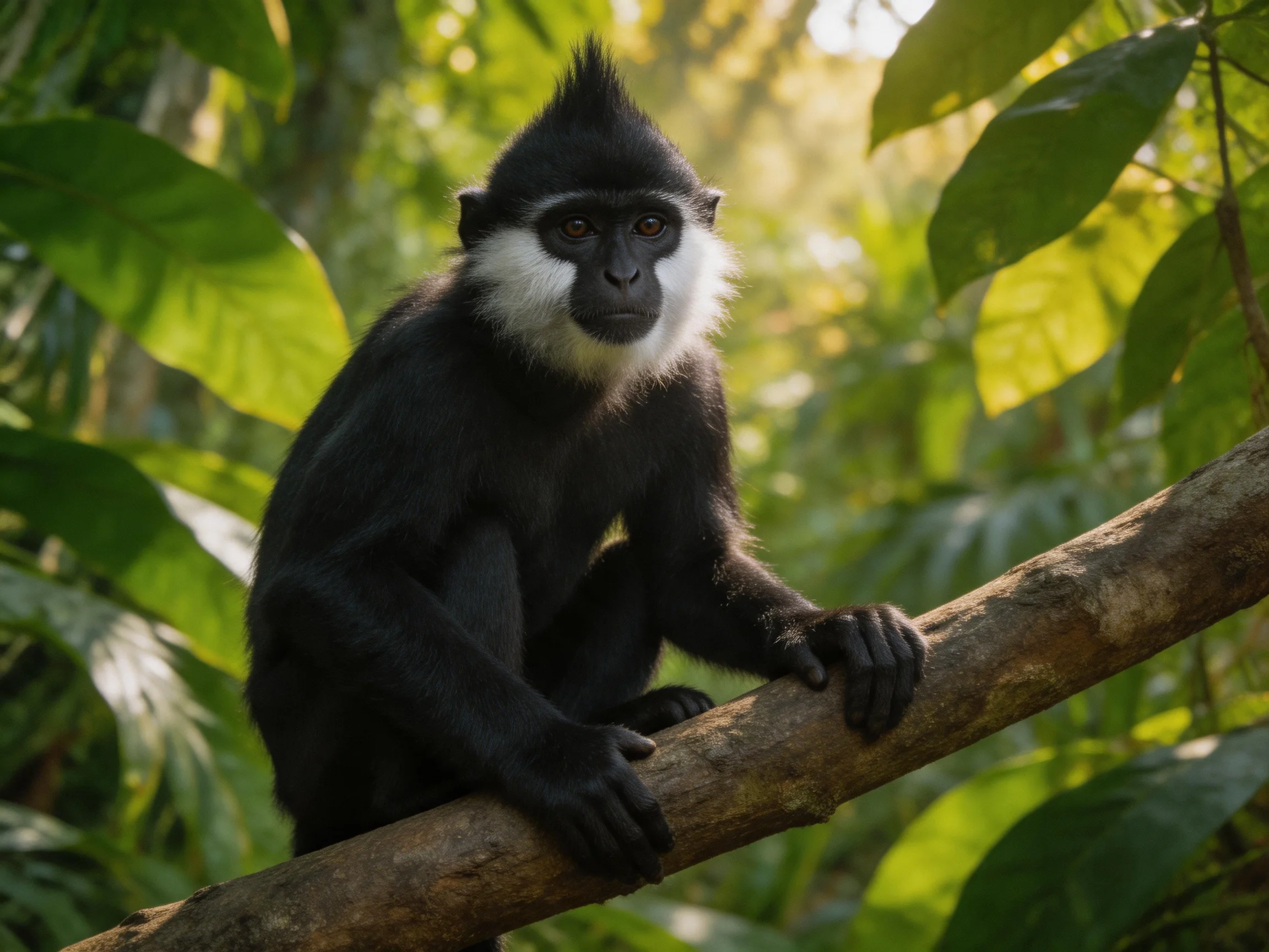 A black-and-white primate perched on a tree branch amid lush green foliage