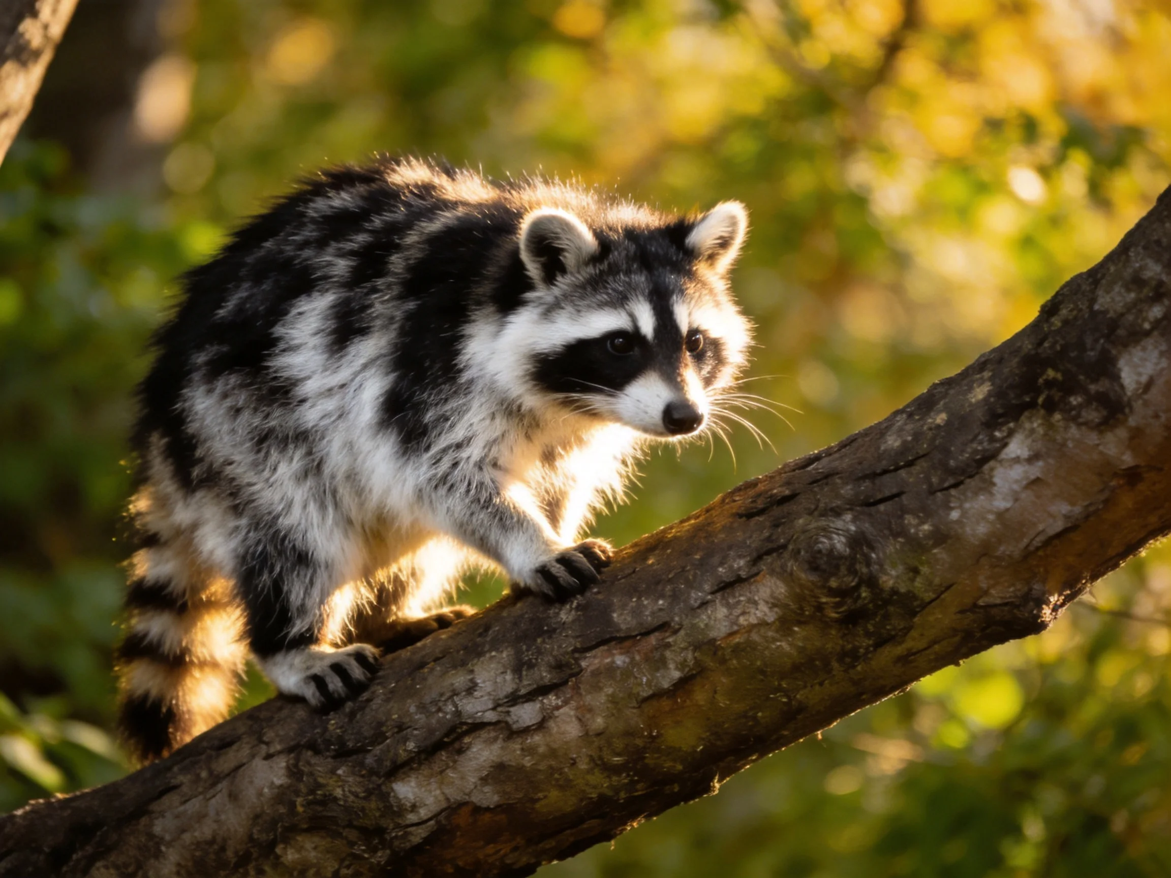 A black-and-white raccoon stands alertly on a tree branch amid green foliage.
