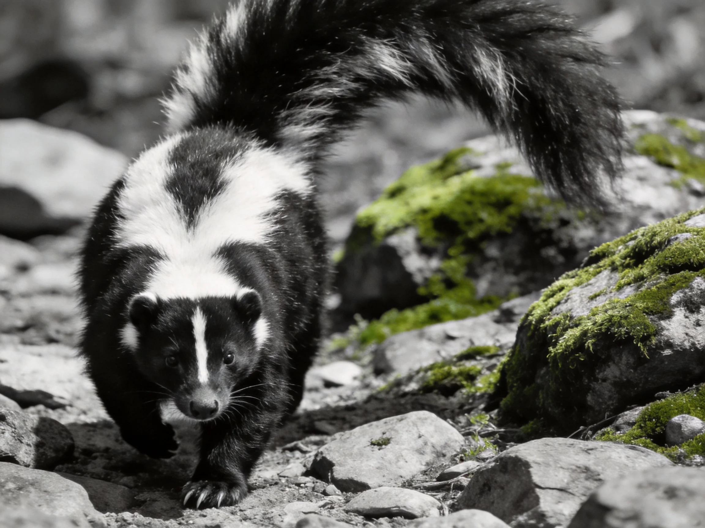 A black-and-white skunk explores moss-covered rocky terrain