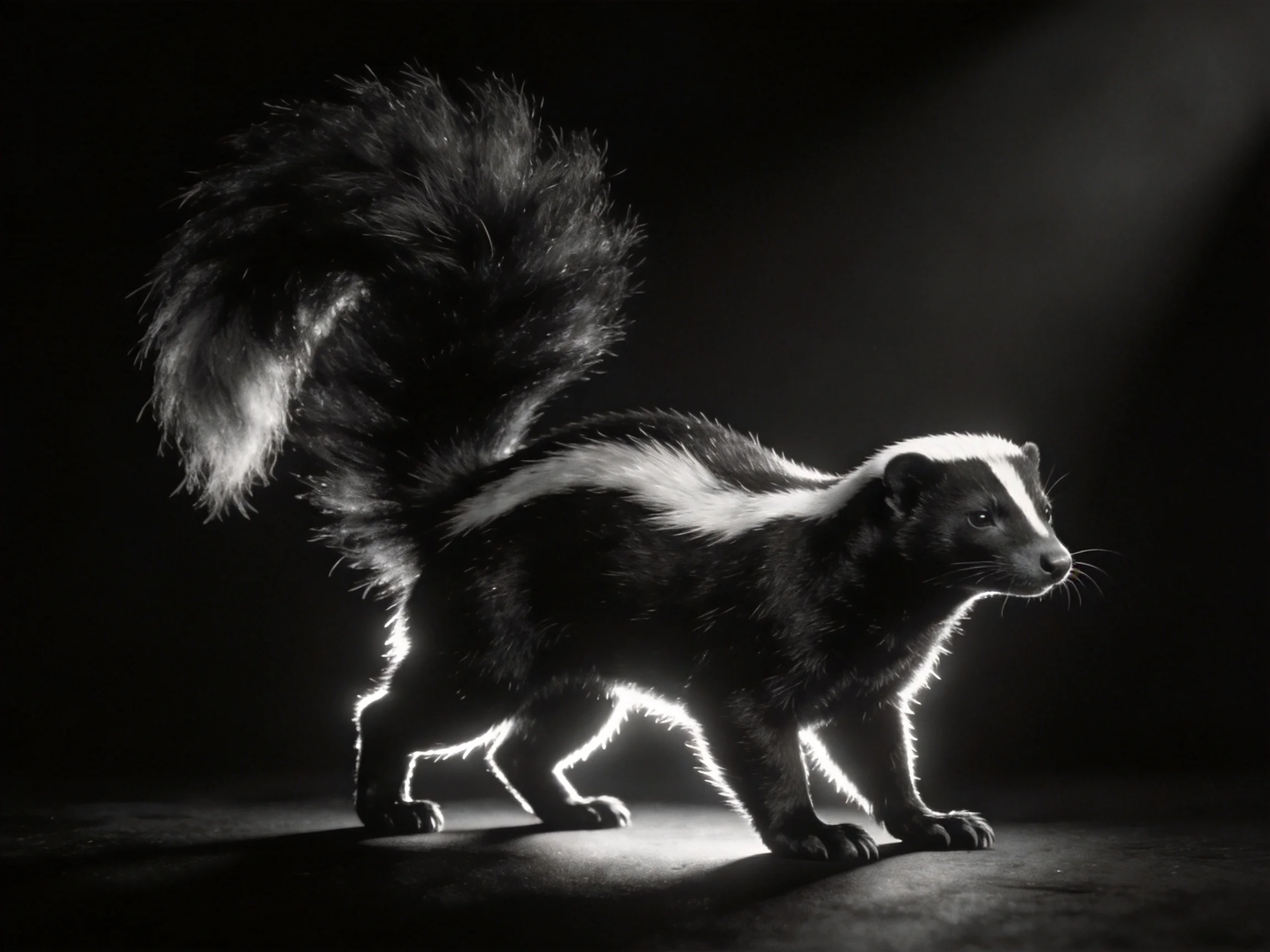 A black-and-white skunk with a bushy tail highlighted by dramatic lighting