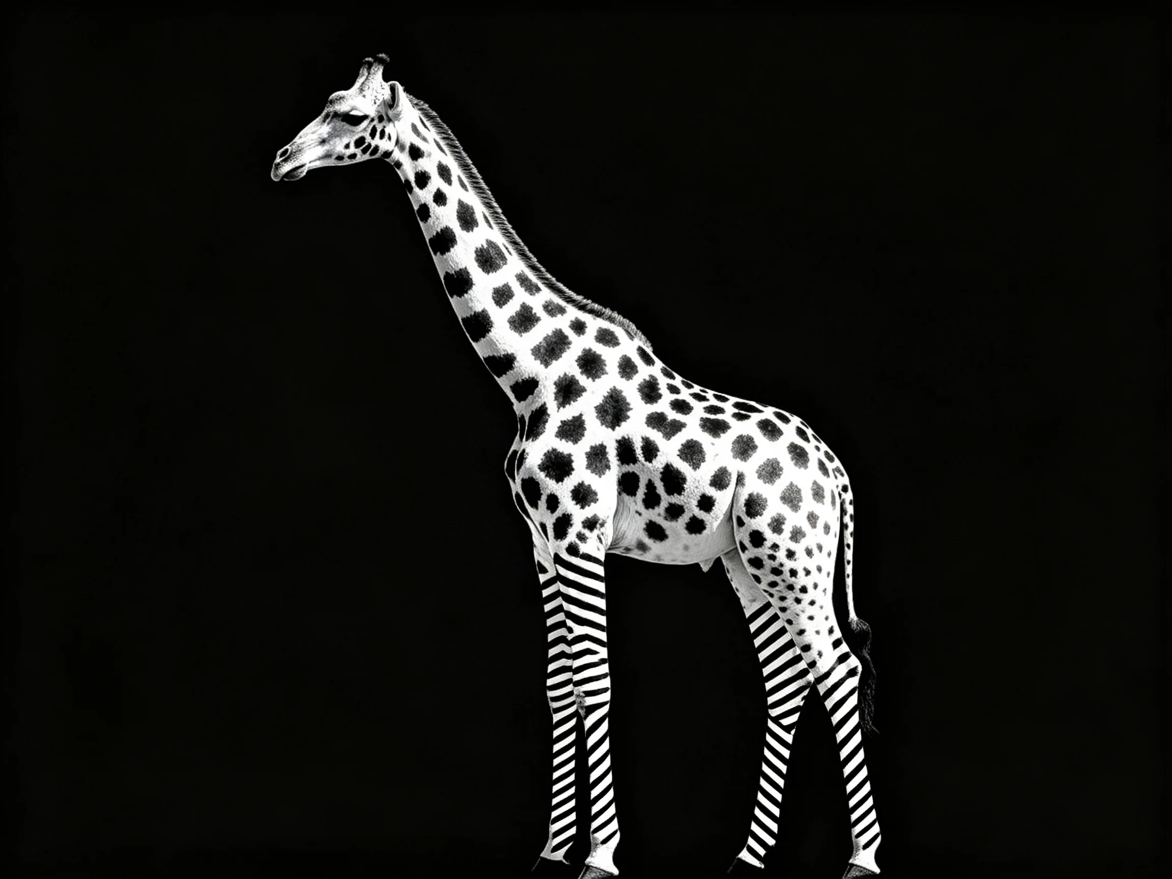 A black-and-white spotted giraffe with striped legs on a solid black background