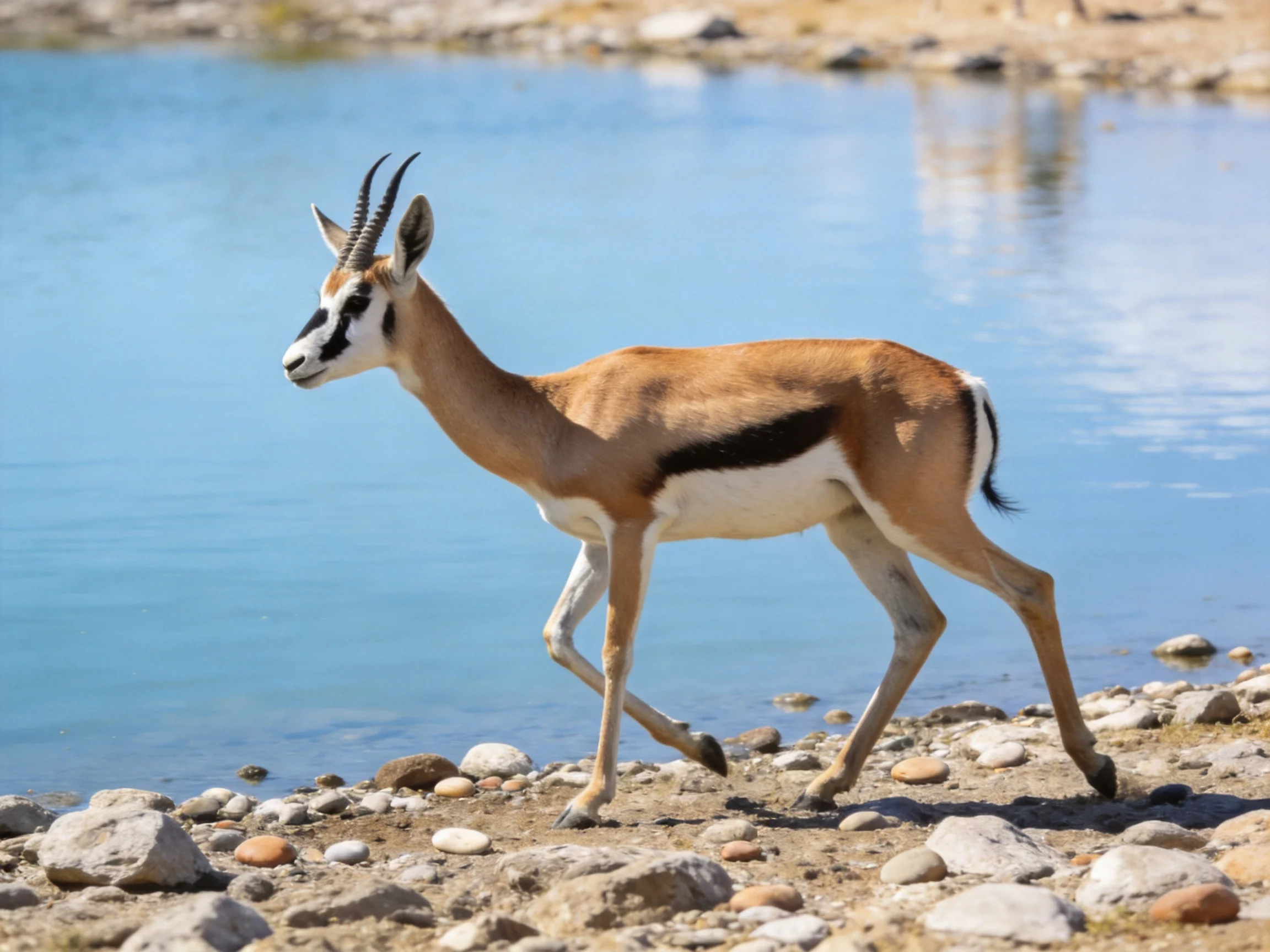 An antelope with distinctive markings moves along a rocky shore next to blue water.