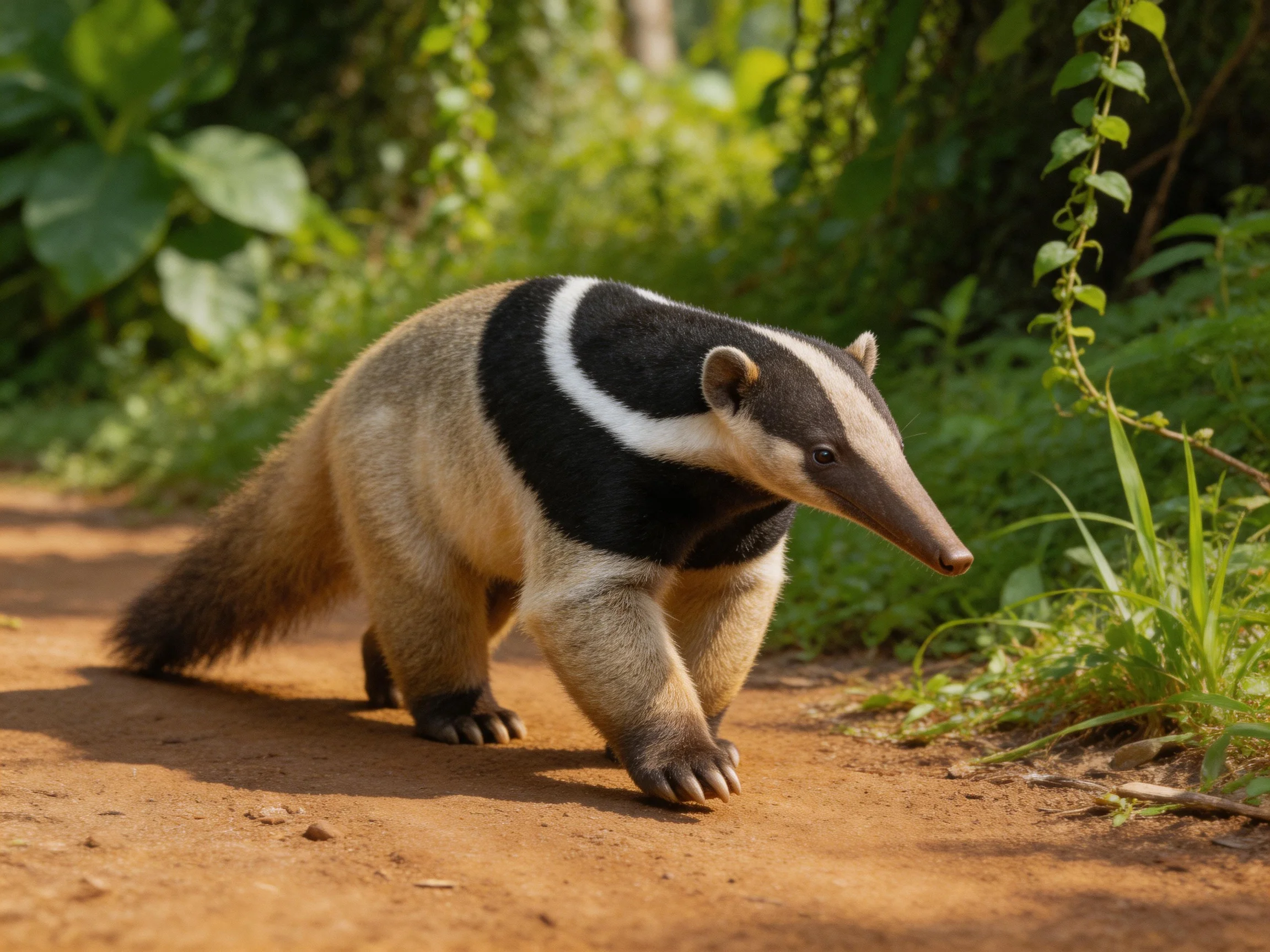 A black-and-white striped mammal traverses a sunlit dirt path amid lush greenery