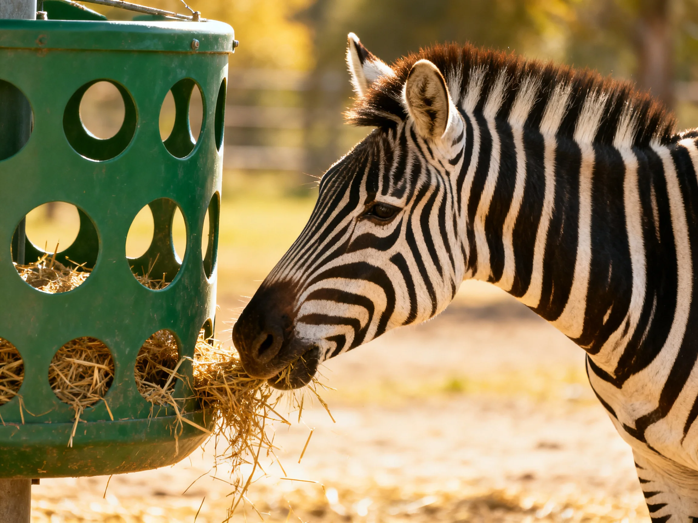 A black-and-white striped zebra eating hay from a green feeder