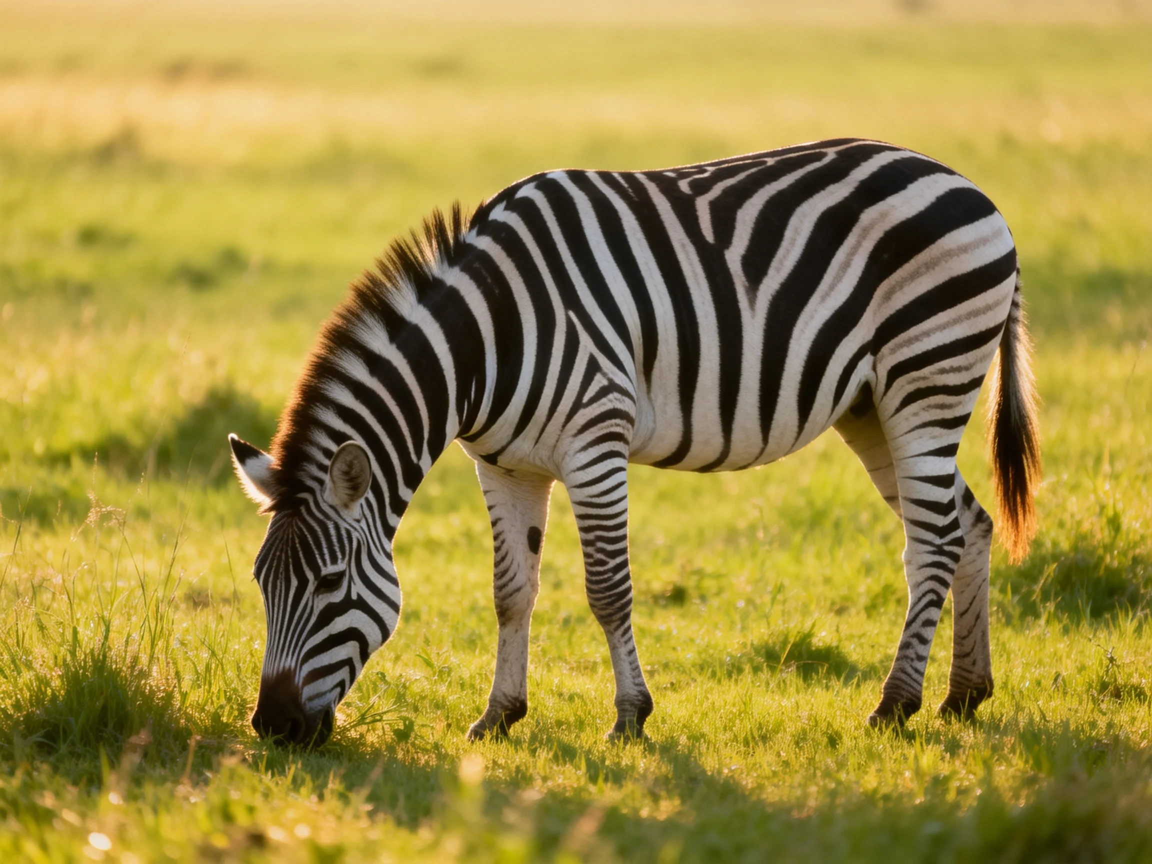A zebra with distinct black-and-white stripes feeds in a sunlit grassy field.