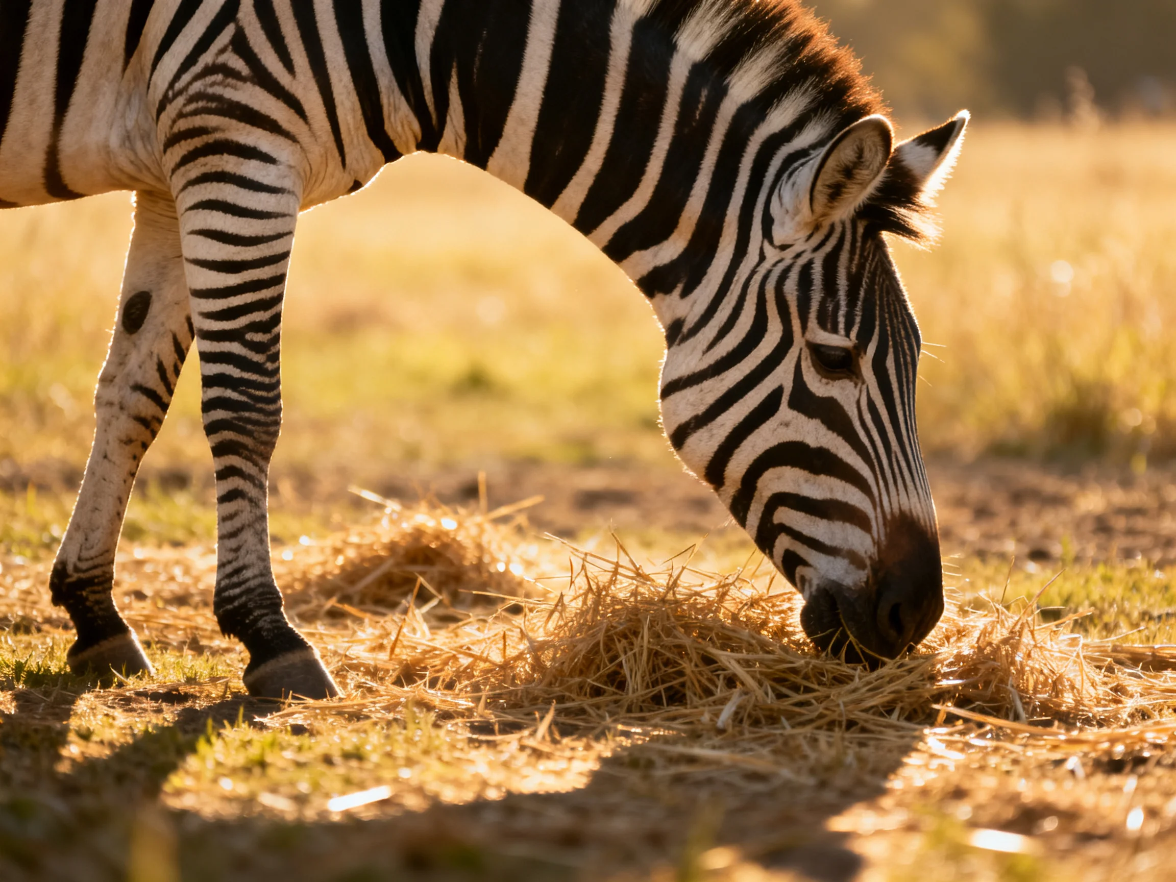 A black-and-white striped zebra grazing on golden hay in a sunlit field