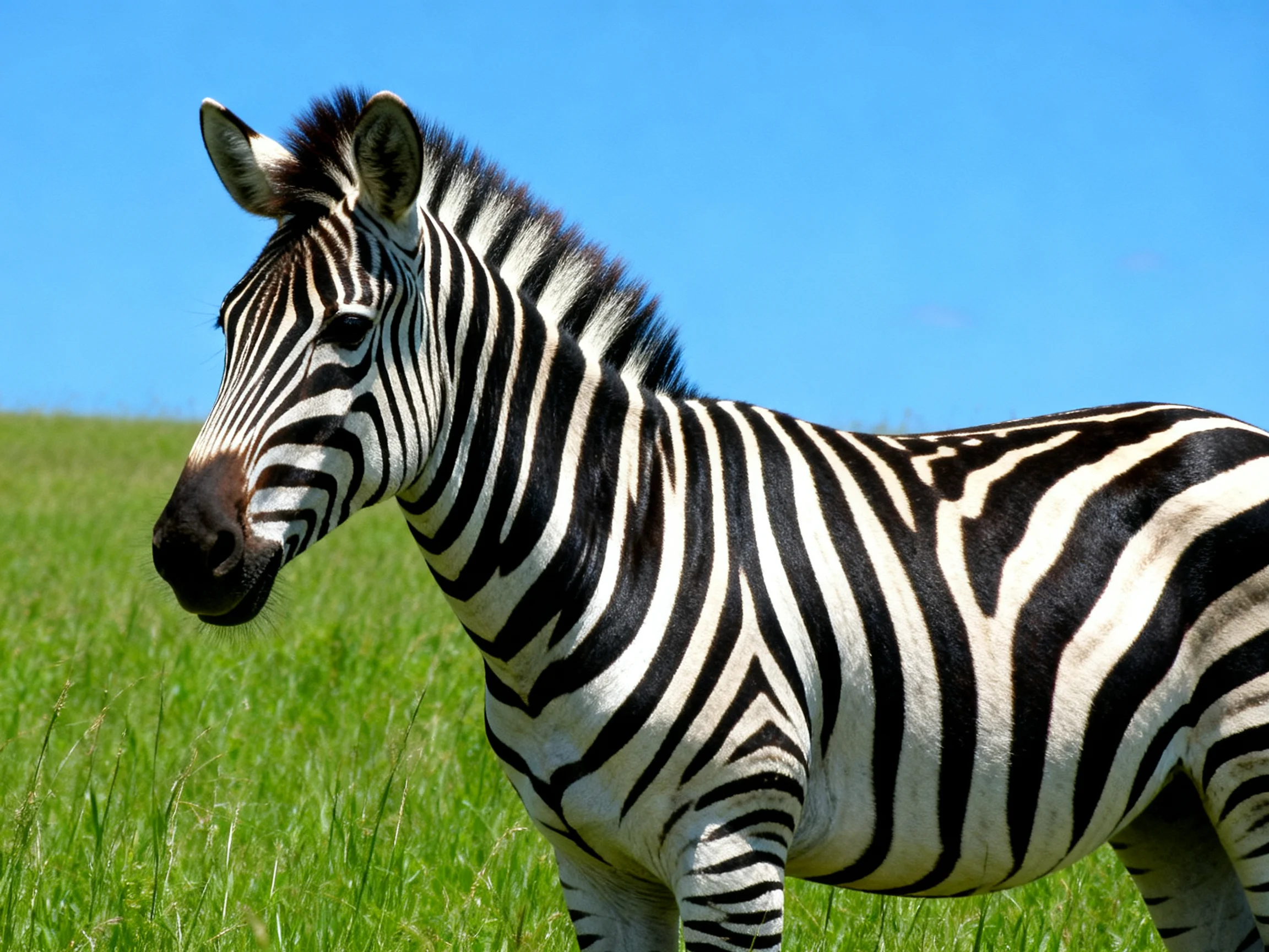 A black and white striped zebra in a grassy field with blue sky