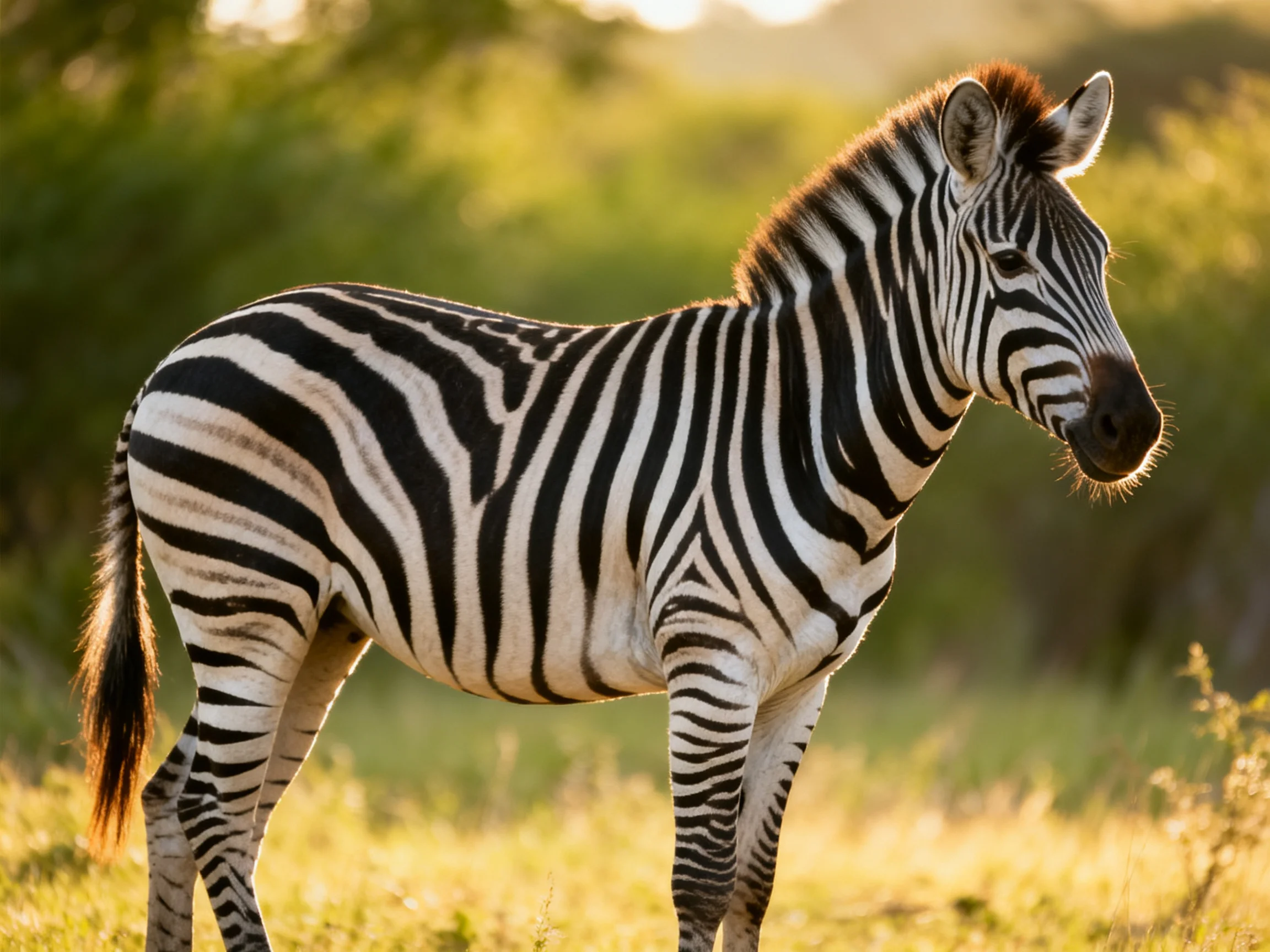 A zebra with bold black-and-white stripes stands in a sunlit natural setting.