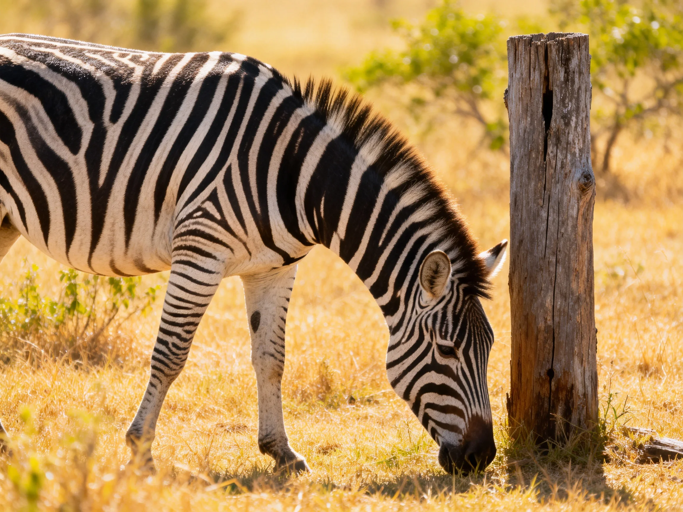 A black-and-white striped zebra near a weathered wooden post